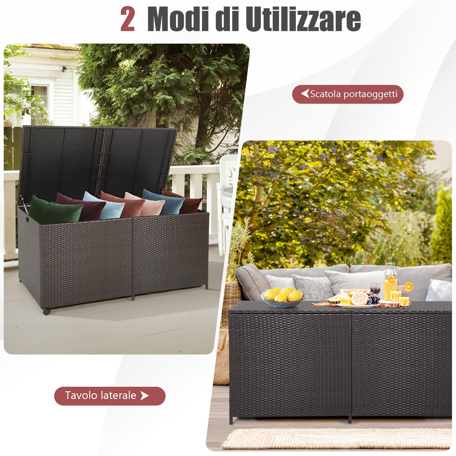 GYMAX Cassapanca per Terrazze da 662 L, Contenitore con Coperchio per Esterni in Vimini Misto, Baule da Giardino con Cerniera, 2 Ruote e Asta Pneumatica, 150 x 77 x 73 cm