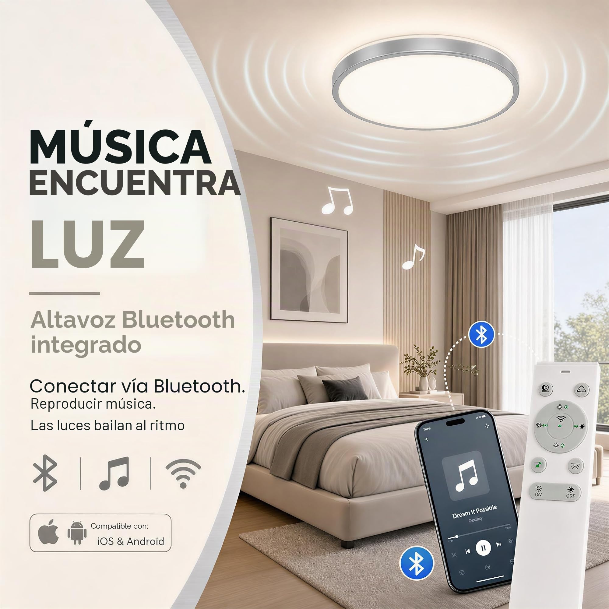 Lámpara de techo LED altavoz Bluetooth y Mando a Distancia | 24W, 40cm, Plateado, RGB, Regulable, 3000-6500K, Altavoz Bluetooth: ideal para el Salón, el Dormitorio y la Cocina