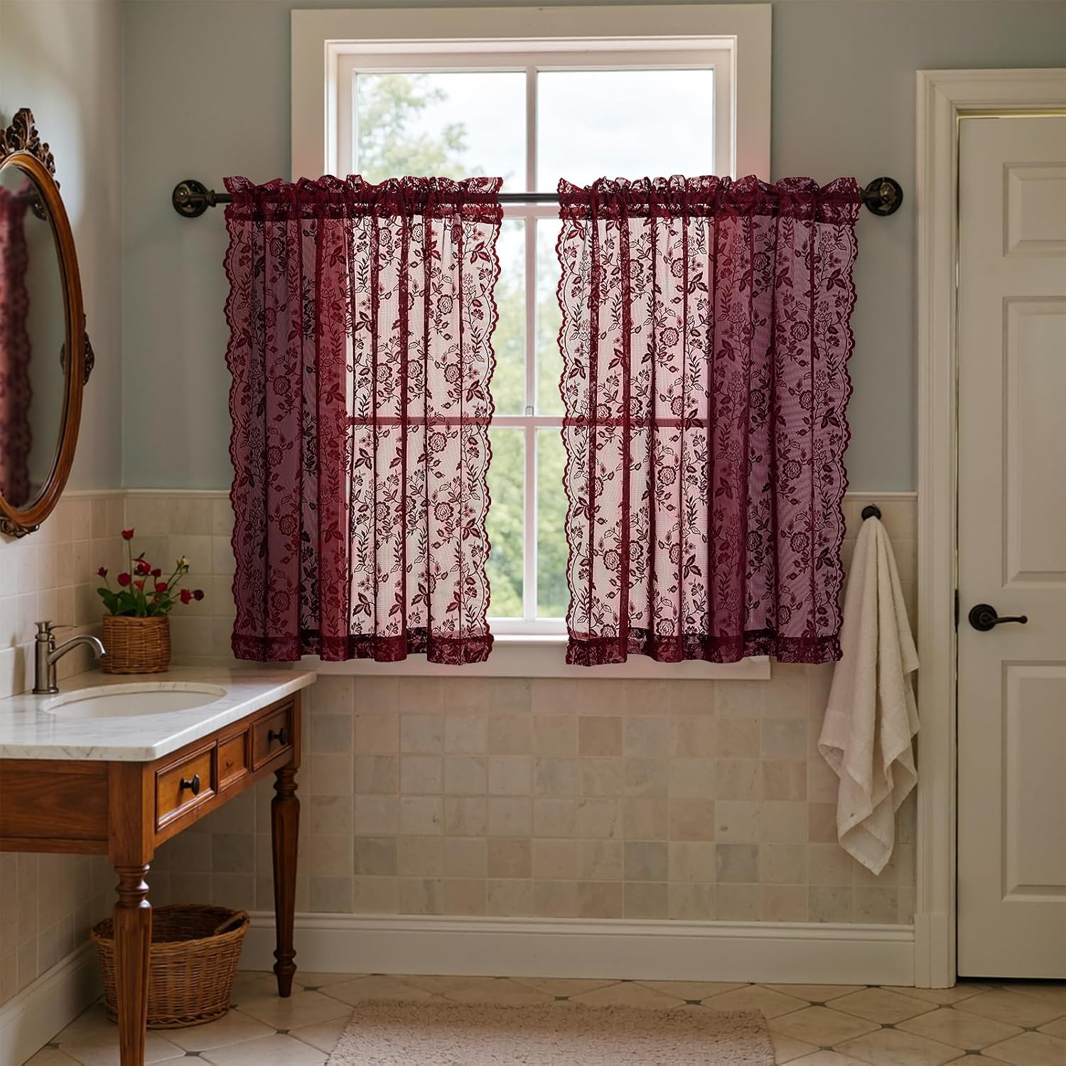 Short Burgundy Lace Curtains 45 Inch Length, 2 Panels W42 x L45 in, Country Rustic Leaf Floral Vintage Maroon Sheer Kitchen Curtains Over Sink, Rod Pocket Light Filtering Privacy Window Tier Curtain
