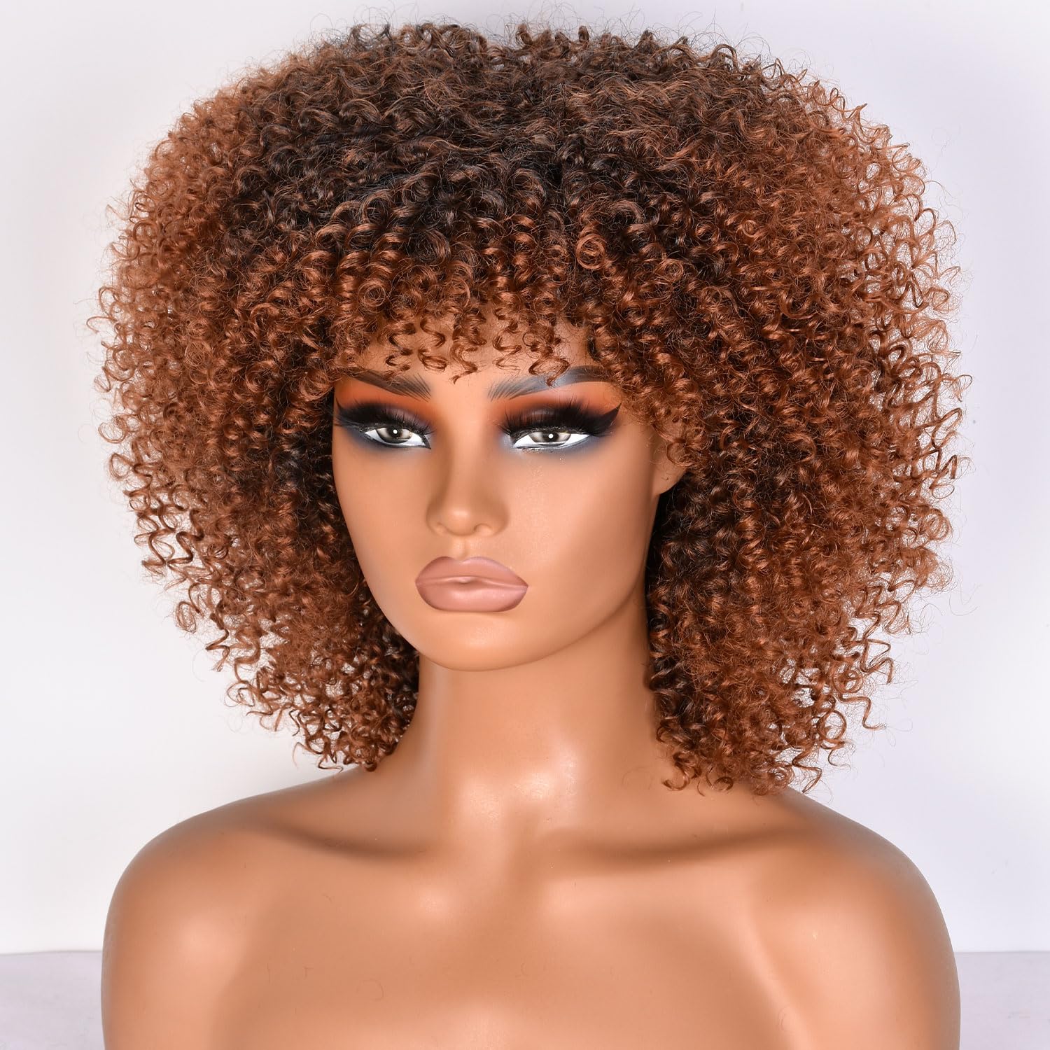 Lizzy 10 Inch Afro Curly Wigs for Black Women Synthetic Afro Wig with Bangs Heat Resistant Short Kinky Curly Wigs for Cosplay and Daily (Black to Brown) - Image 2