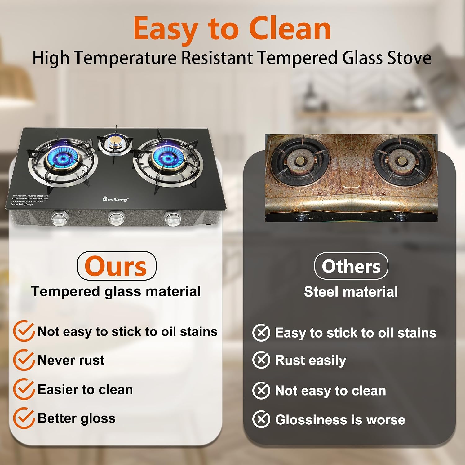 Propane Stove 3 Burner Gas Stove 32000 BTU Auto Ignition Tempered Glass LPG Cooktop with CSA Hose for Outdoor Cooking, Emergency