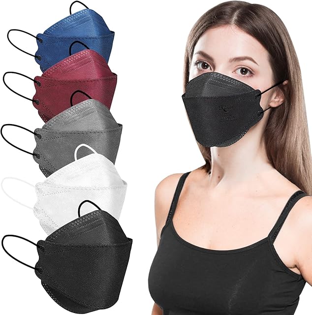 KKmier FFP2 Mask 30pcs, FFP2 N95 Face Masks, CE Certified Fish-shaped Face Mask for Women Men, 4-Layer Filters Particles 94%, Individually Wrapped (White Black Grey Blue Red)