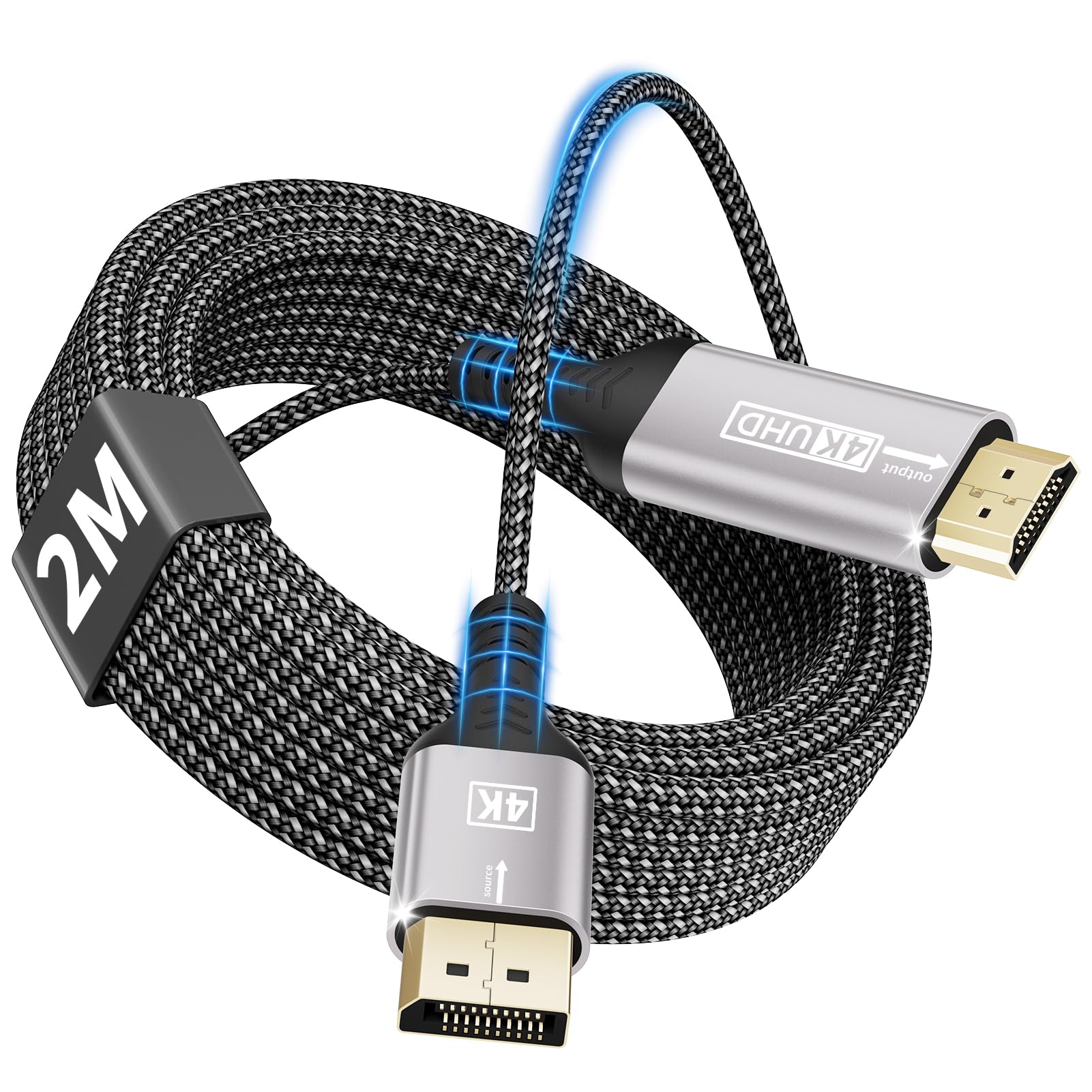 Câble DisplayPort vers HDMI 4K 2M, Unidirectionnel DP vers HDMI Mâle UHD 4K@30Hz/2K@60Hz/1080P@120Hz, Cordon DP vers HDTV en Nylon pour Dell, Vidéoprojecteur, PC de Bureau, NVIDIA, Lenovo, HP