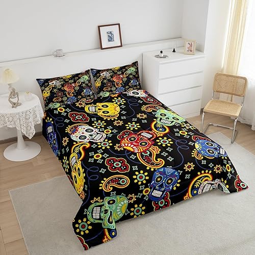 Miniatura 3 de Erosebridal Edredón de esqueleto bohemio tamaño King, juego de ropa de cama colorido de calavera de azúcar, decoración gótica, hippie, cachemira,