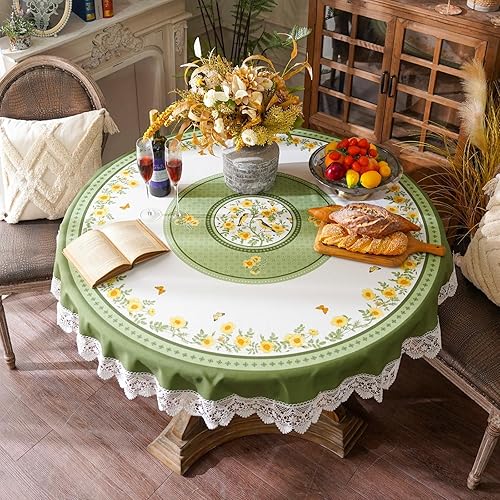 SUTAVIA Mantel de tela con estampado de hojas de girasol, mantel de mesa de cocina, comedor, fiesta de mesa de granja (verde, 60 pulgadas, redondo)