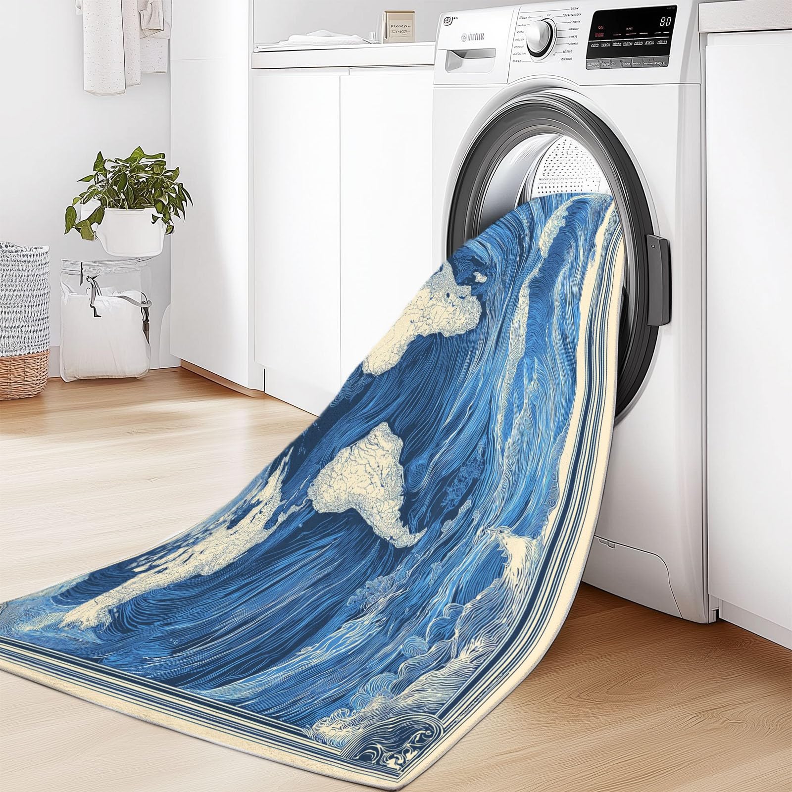 Générique Tapis Salon Affiche Rétro Carte du Monavec Vagues L'Océan 90 x 150 cm Tapis Chambre Impression 3D Moderne, Bleu Moquette Antidérapant Lavable Machine, pour Salon Salle à Manger Bureau