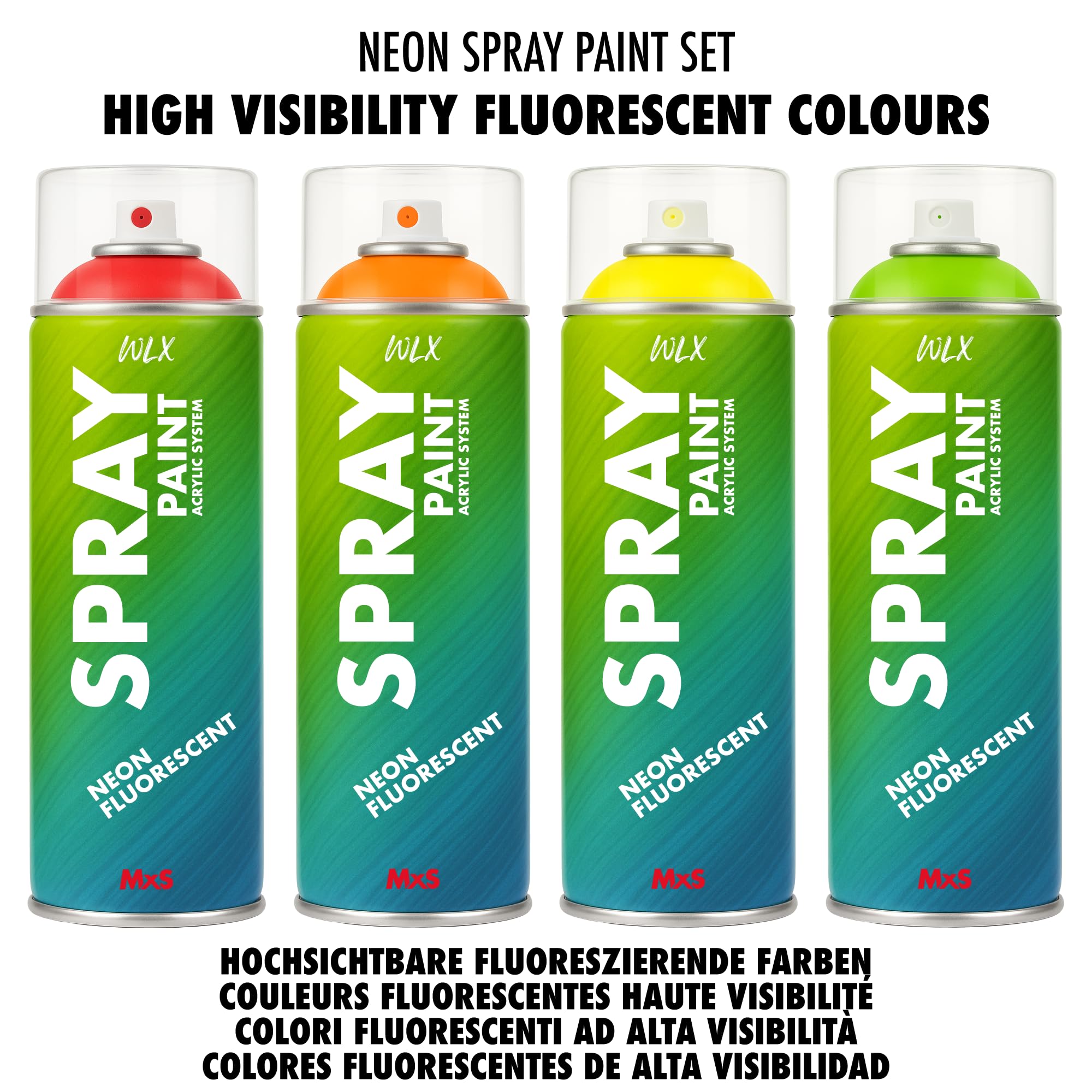 WLX Zestaw farb neonowych w sprayu, 4 kolory po 400 ml, wysoce widoczne, szybkoschnące farby fluorescencyjne do drewna, metalu, kamienia i szkła