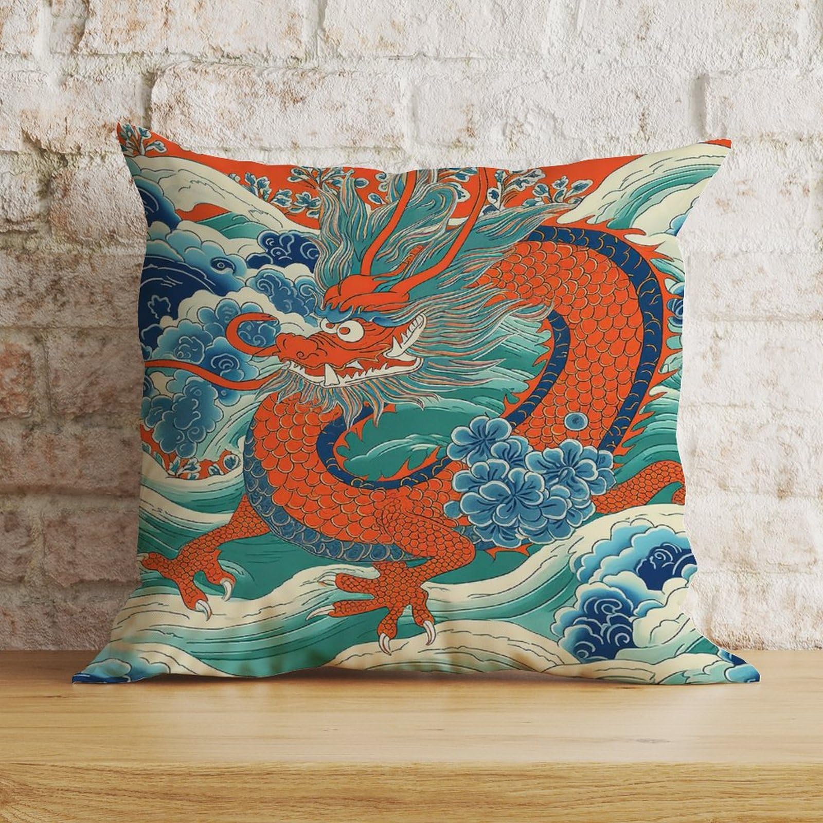Zyadsinoudor Imperial Red Dragon Chinoiserie Pillow Cover Chinese Style Pillowcase 18x18in Decorative Pillow Home Cotton Linen Exotique Throw Pillow Case For Living Room Home Sofa Couch