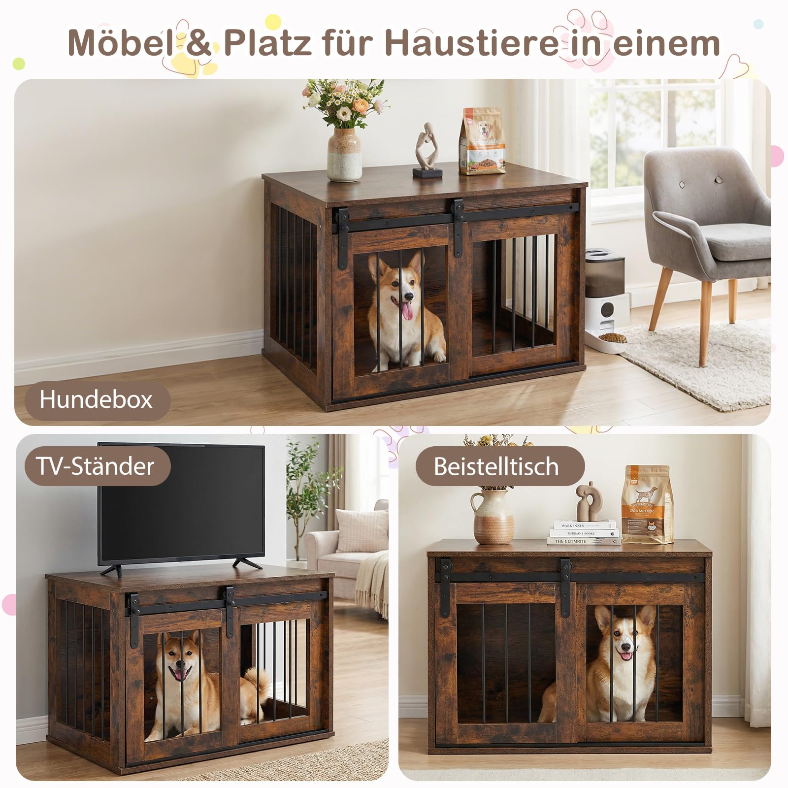 COSTWAY Hundekäfig Möbel, 80 cm Hundebox mit Schiebetür & Metallrahmen, Hundeschrank Holz für Wohnzimmer, Schlafzimmer & Flur, dekorativer Beistelltisch für kleine & mittelgroße Hunde (Rustikal Braun)