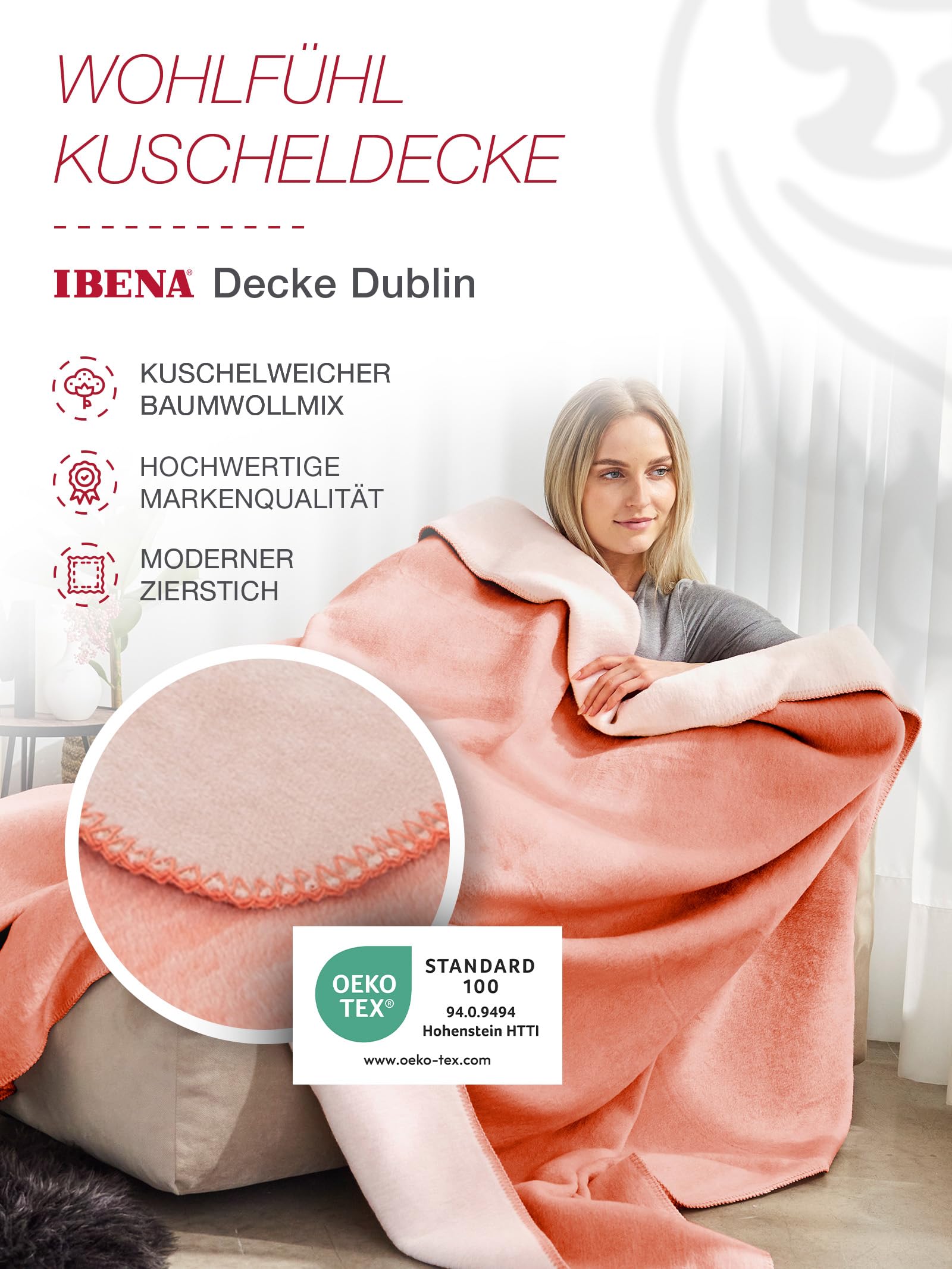 Ibena Dublin Deken 150 x 200 cm - katoenmix, behaaglijk, warm en wasbaar, omkeerbare deken koraalroze