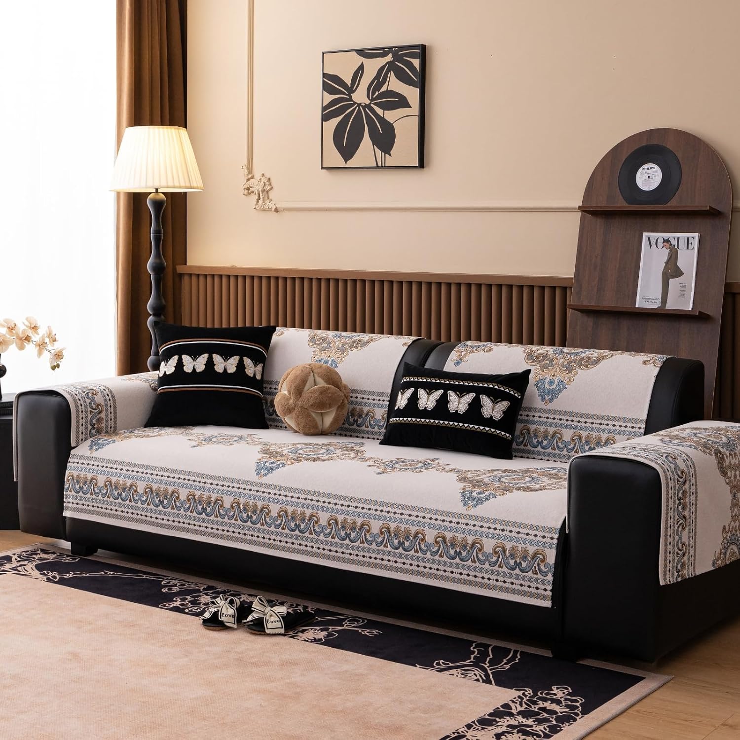 Luxury Chenille Sofa Cover European Jacquard Pattern Sectional Couch Cover Super Soft Anti-Slip Sofa Slipcovers Boho Floral Decorative Furniture Protector for Dogs Cats Pet (Beige,36"x82")