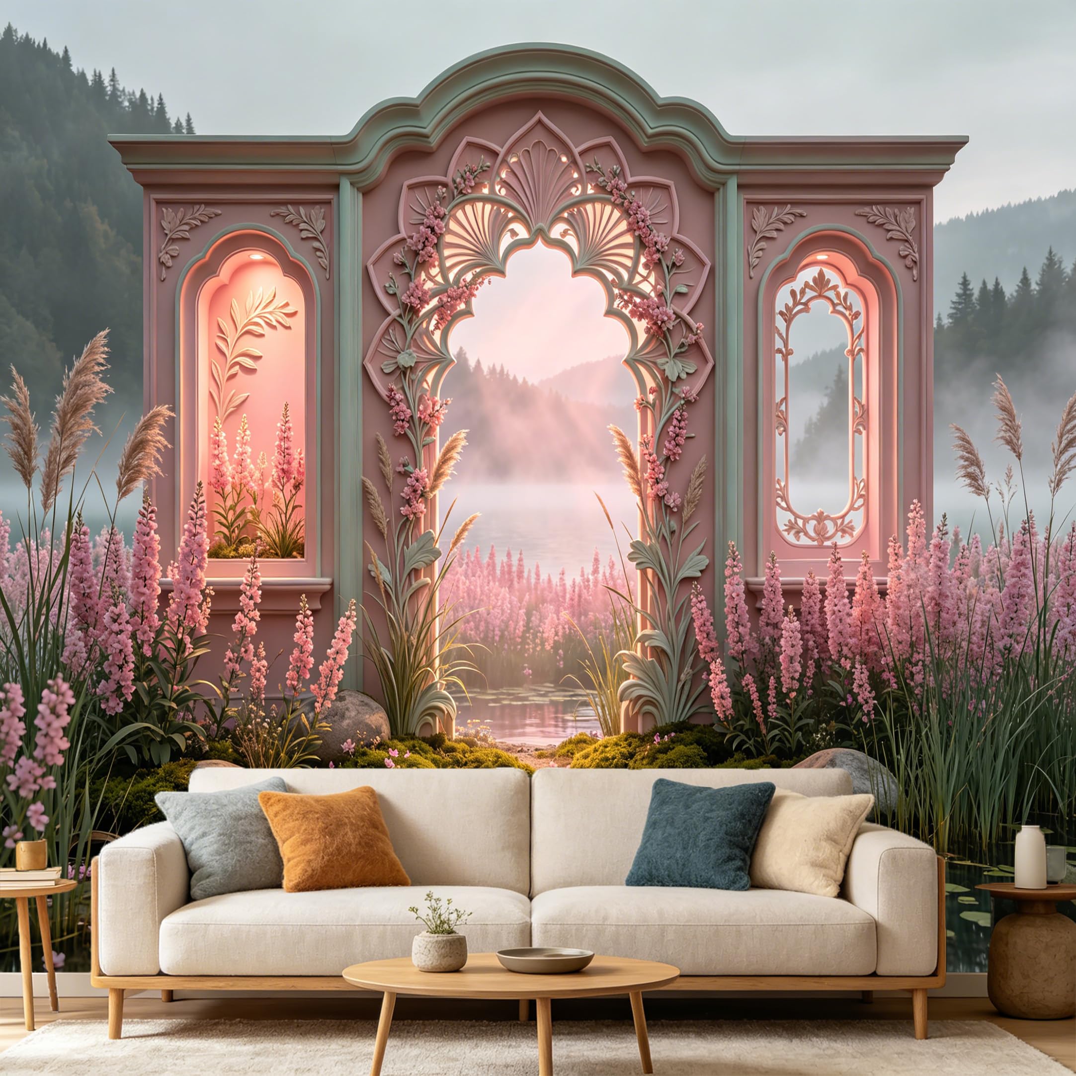 Custom Size Wall Mural， 3D European Archway Pink Floral Lake Scenery Botanical Art Prints wall Fabric Removable Large Wallpaper Home Living Room Decor Aesthetic Backdrop