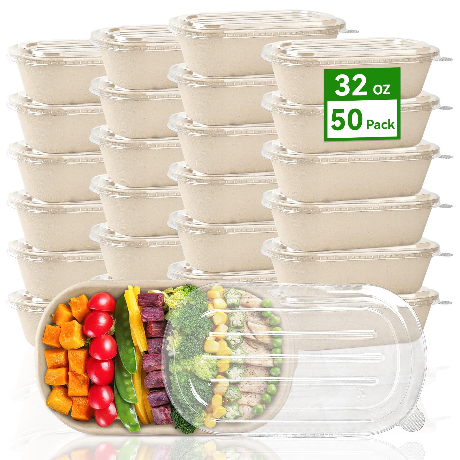ZORRITA 50 Pack 32 oz Disposable Meal Prep Containers, Sugarcane Fiber Paper Salad Bowls with Lids Take Out Food Container for Pasta, Burrito,