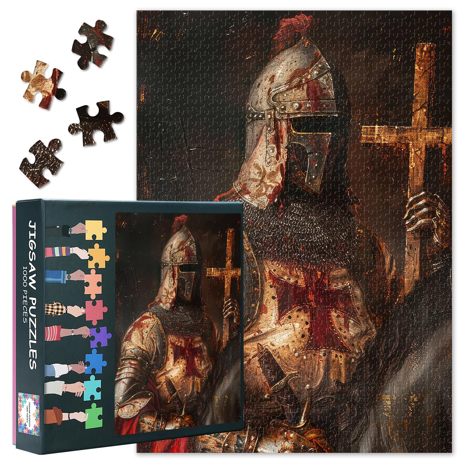 1000 Piece Jigsaw Puzzles for Adults, Large 70x50cm Templar Knight Holding Sword Knight Warrior Puzzle, Thick Recycled Board with Reference Poster, Ideal Fit for Standard Frames