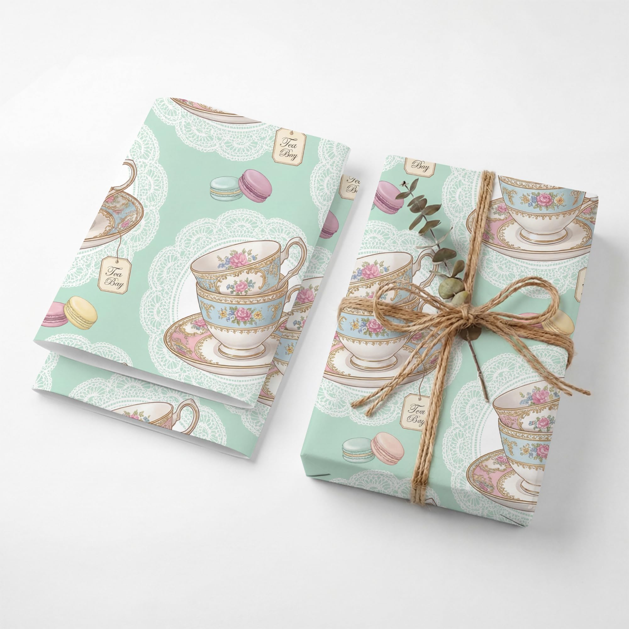 Vintage Teacup Macaron Wrapping Paper Sheets, 19.5 x 27.5 in, 2 Sheets — image 1
