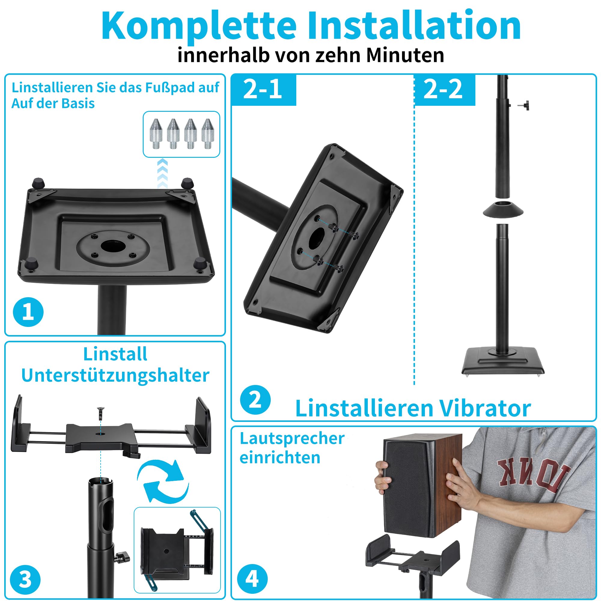 OUUTMEE Soportes de altavoz de altura ajustable 1 par, soporte de pie con bandeja ajustable para altavoces universales de satélite y estantería, soporte de pie para altavoces de estantería de hasta 5