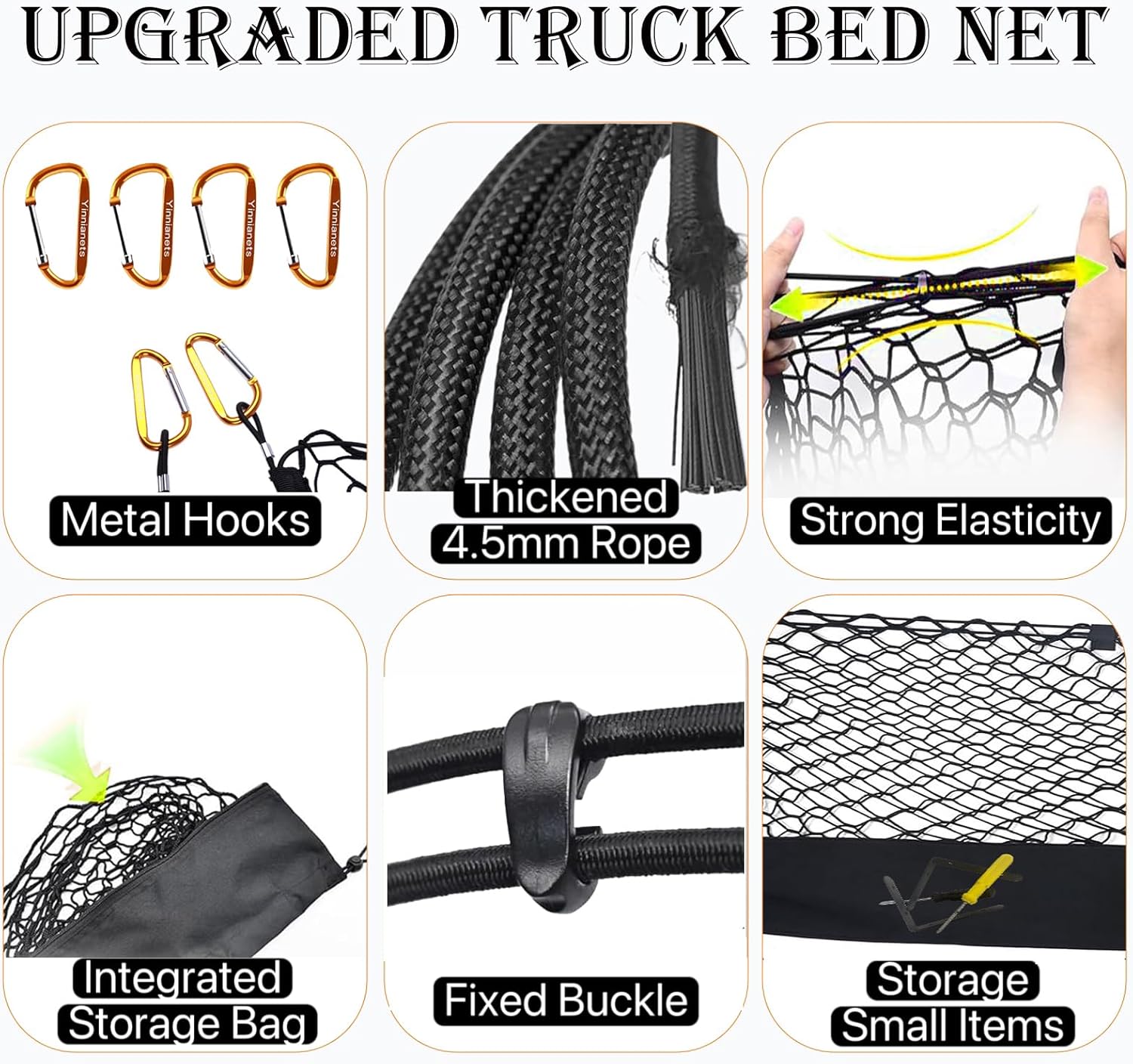 Envelope Style Cargo Net Compatible with Chevy Silverado 1500 2013-2025 & GMC Sierra 1500, Highly Elastic Truck Bed Cargo Net for Silverado Sierra 1500 Accessories, Storage Bag-Carabiners