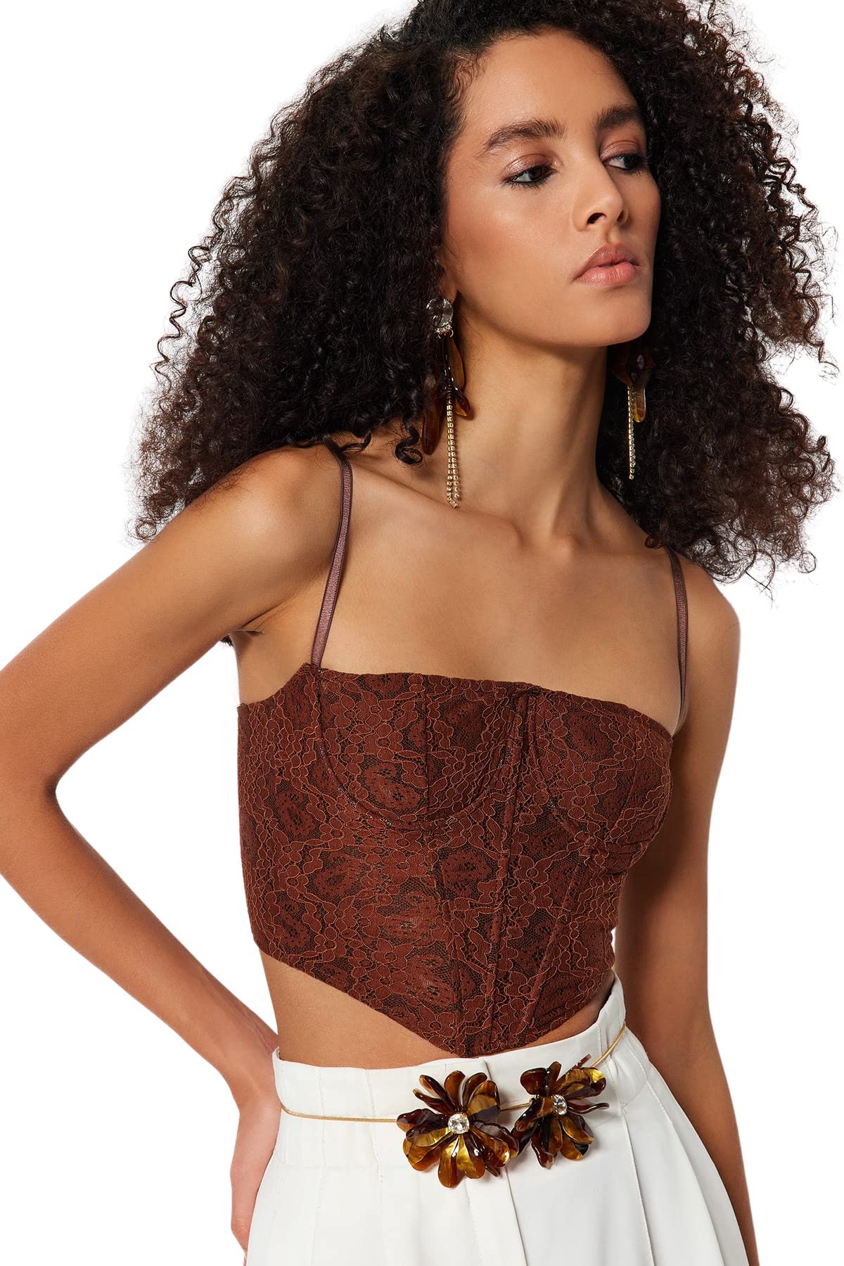 Trendyol FeMan Crop Sweetheart Knit Bustier,Brown,42