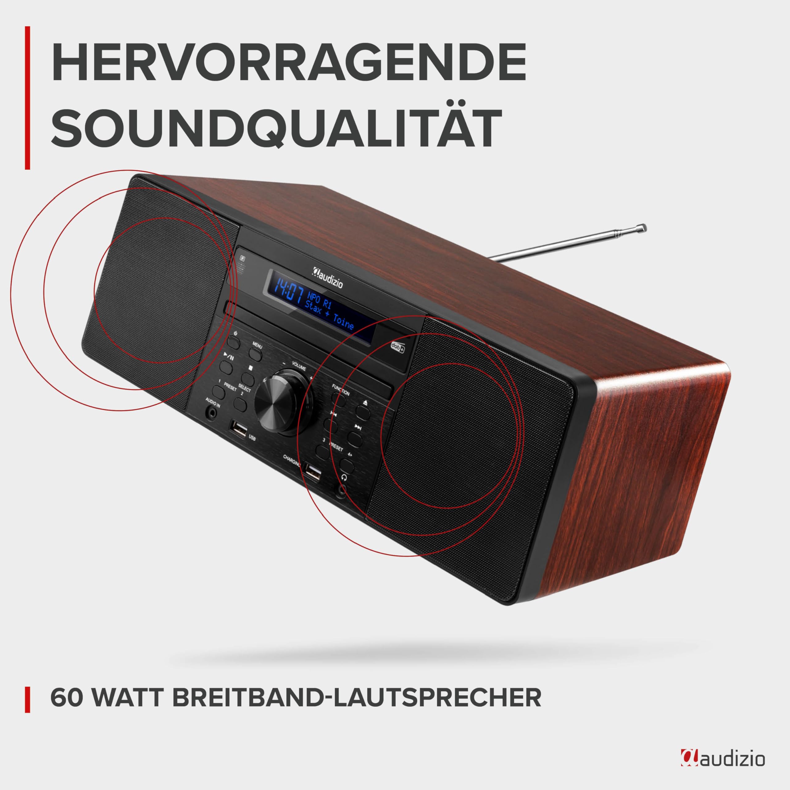 Audizio Prato - DAB Radio mit CD Player, MP3-Player, Bluetooth Radio, USB, DAB+, FM-UKW, Fernbedienung, Sleeptimer, Kompaktanlage mit Weckfunktion, Braun