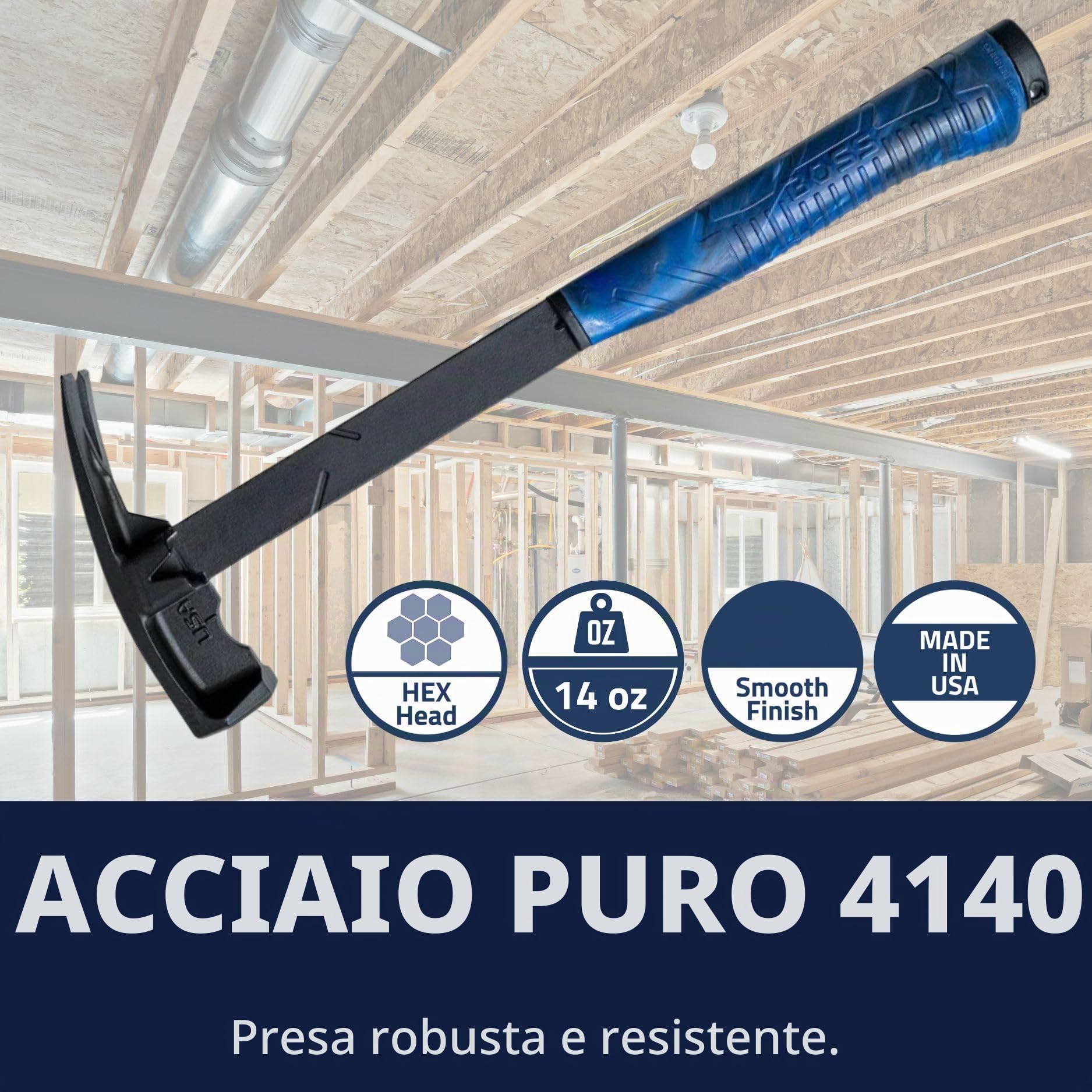 Boss Hammer Martello da falegname in acciaio con collare blu, 4140 in acciaio 4140, squadratura integrata, testa liscia, prodotto negli Stati Uniti, BHBC14STS