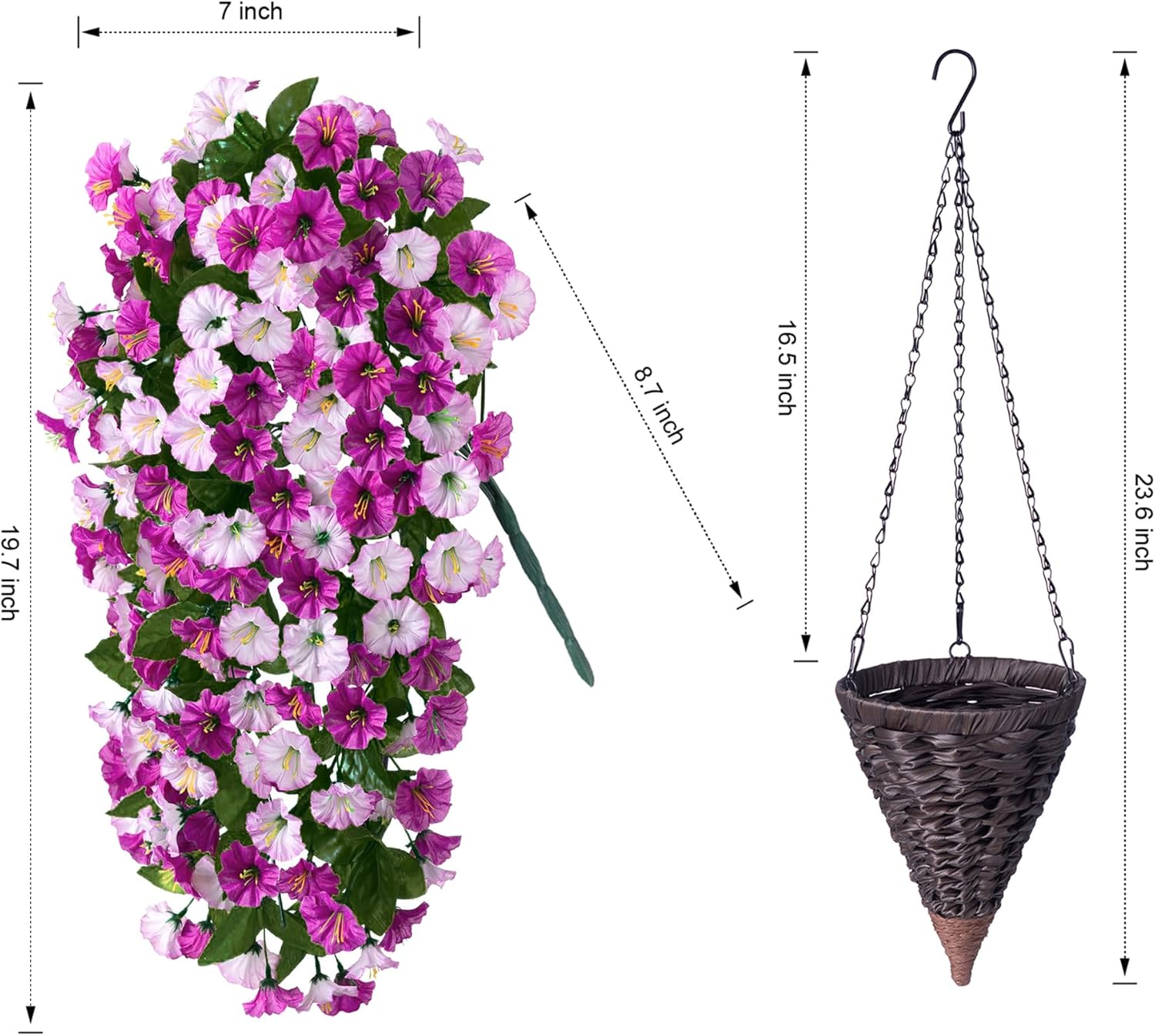 Artificial Fake Flowers Plants Hanging Baskets Outdoor Outside Spring Decor, Faux Silk Light Fuchsia and Fuchsia UV Resistant Look Real Morning Glory Home Patio Porch Balcony Decoration - Image 4