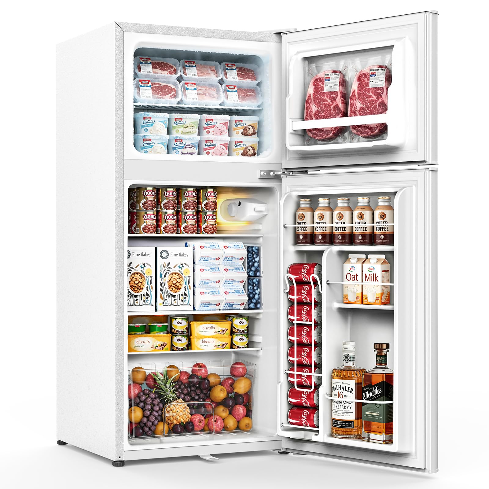 WELLENT 127L Kühlschrank mit Gefrierfach - Kompakter Zweitürer mit LED-Beleuchtung, 7-Stufigem Thermostat, Extrem Leise und Energieeffizient, ideal für Wohnheimzimmer& Büro