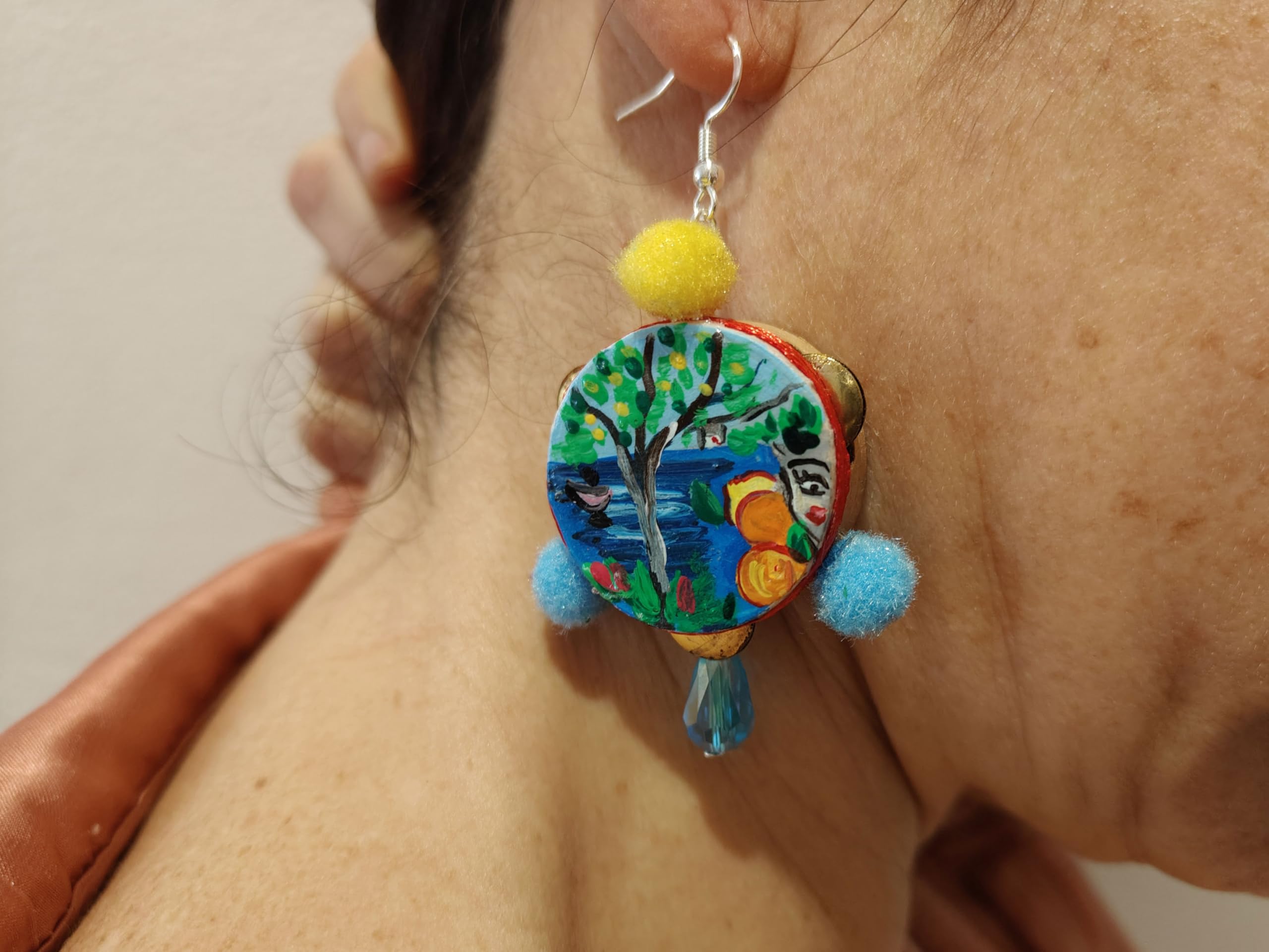 Boucles d’oreilles peintes à la main – TAMBOURINS CŒUR DE SICILE - boucles d’oreilles pendantes pour femme, bijoux avec crochet en argent, Made in Italy, bijoux décorés pour femme, artisanale
