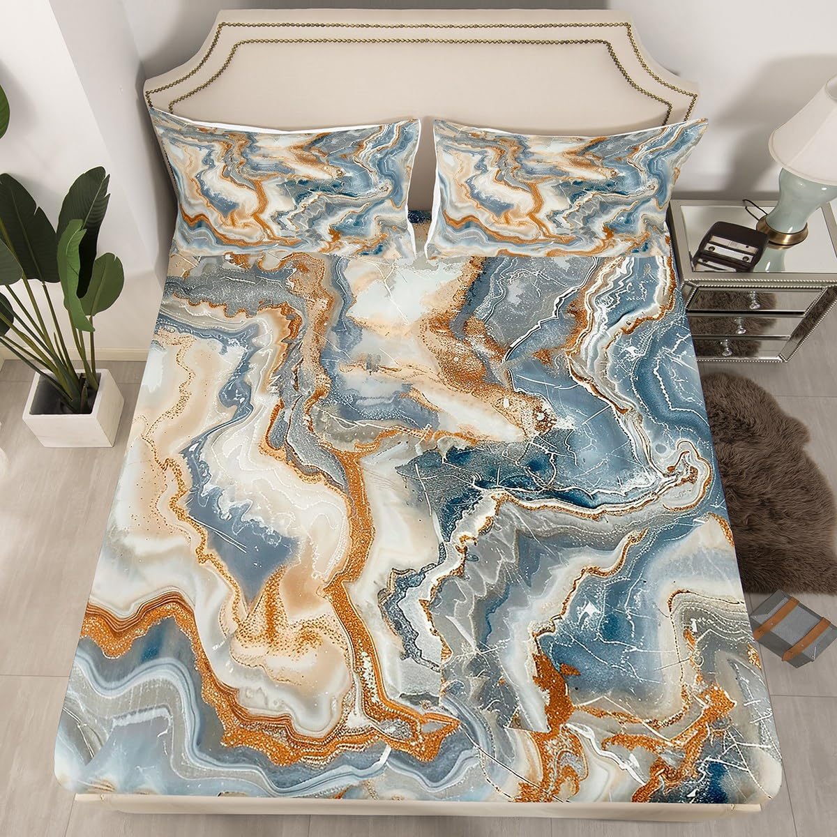 Erosebridal Marble Bed Sheets Full Ink Fluid Fitted Sheet Modern Marbling Art Sheets for Adults Men Women Luxury Stone Liquid Yellow Brown Abstract Deep Pocket Bedding Set