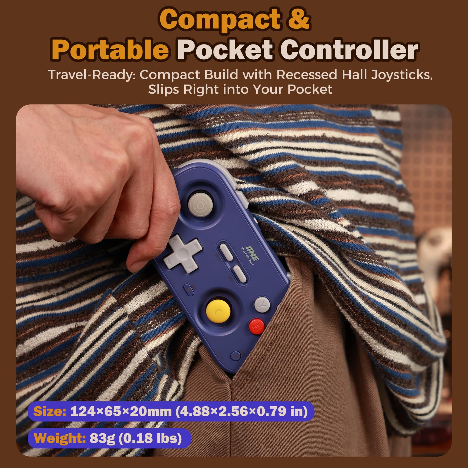 IINE Retro Pocket Game Controller with Hall Effect Joysticks, Switch 1 & 2 Compatible, Wireless Gamepad for Steam Deck, PC, Android, iOS, Customizable D-Pad, Vibration & Motion Control (Purple)