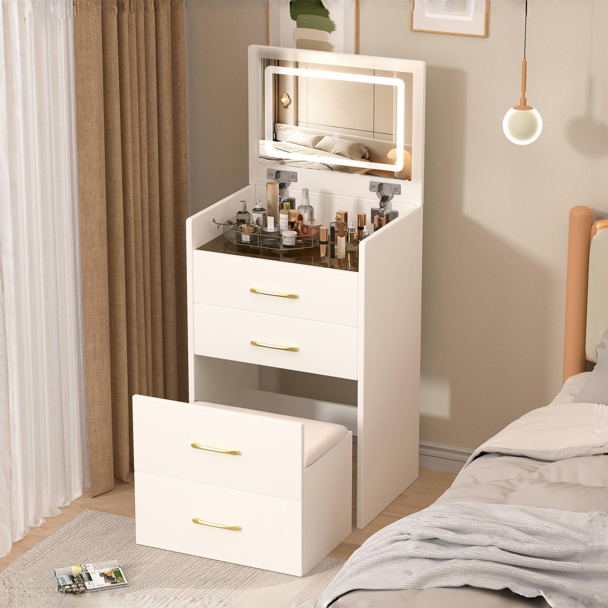 Kleiner Schminktisch mit Spiegel, Hocker, Glasplatte & 3 Schubladen, 60 cm