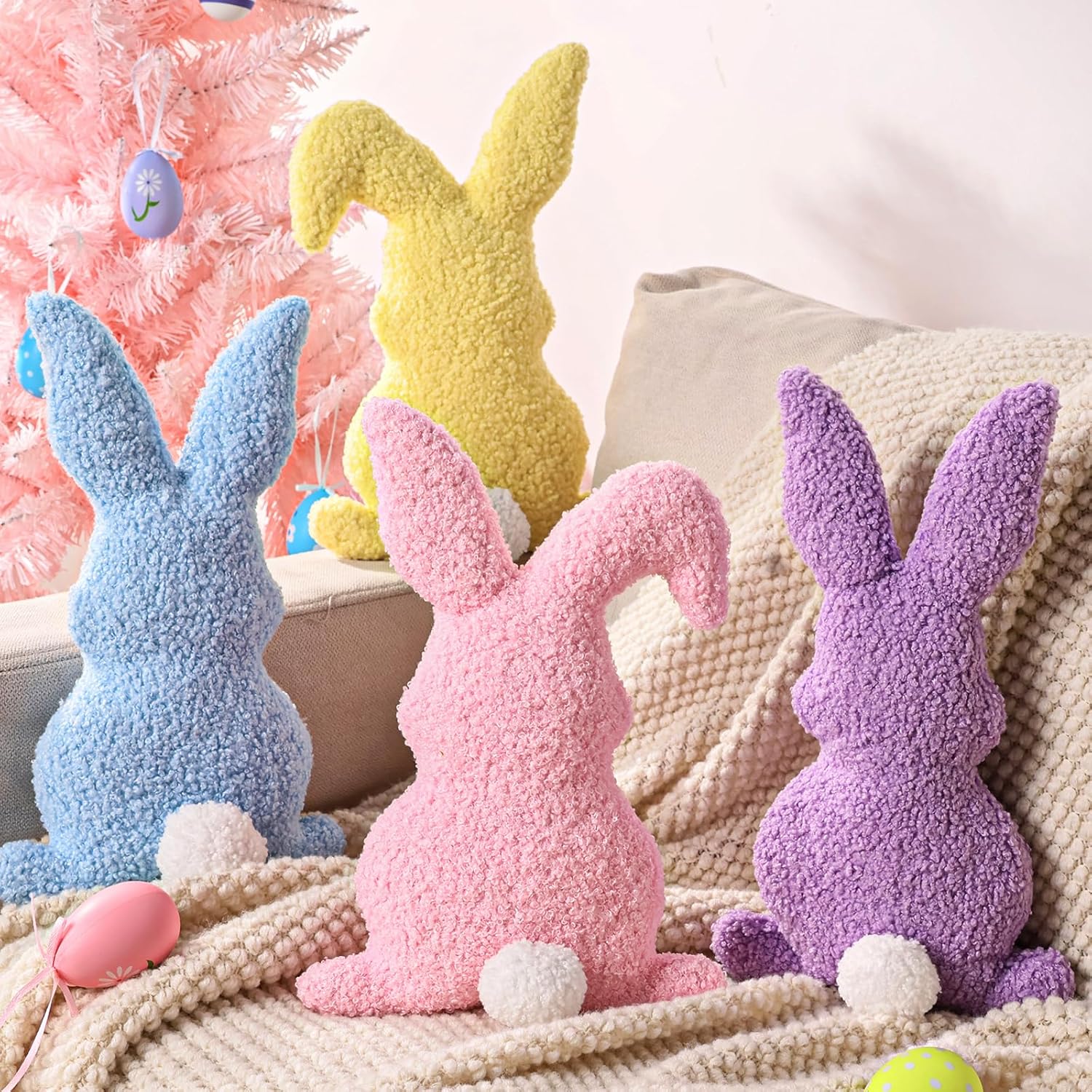Easter Bunny Rabbit Throw Pillow: 4pcs Ultra Soft Teddy Fleece Colorful Pillows, Fluffy Bunny Shaped Cushions Easter Throw Pillows, Spring Decoration for Home, Bedroom, Living Room, Sofa and Couch