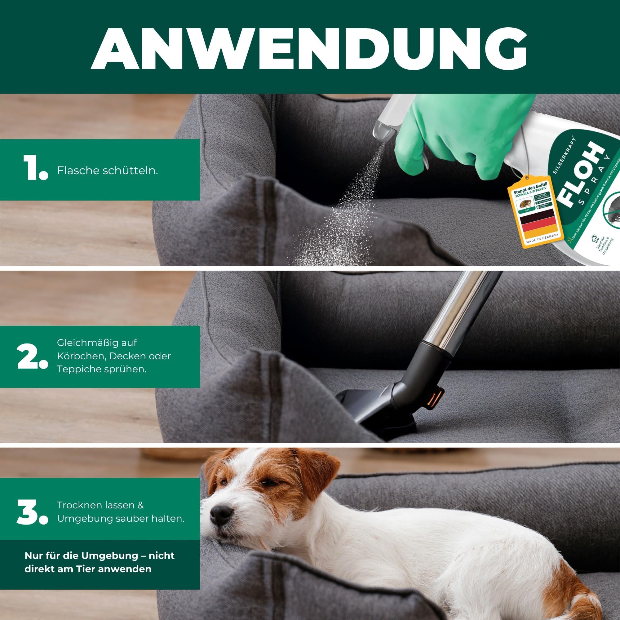 Silberkraft Flohspray für Wohnung & Möbel 500 ml - effektives Abwehr-Mittel gegen Flöhe & Larven mit Sofortschutz - Flohmittel zum Flöhe bekämpfen - hochwirksam & laborgeprüft