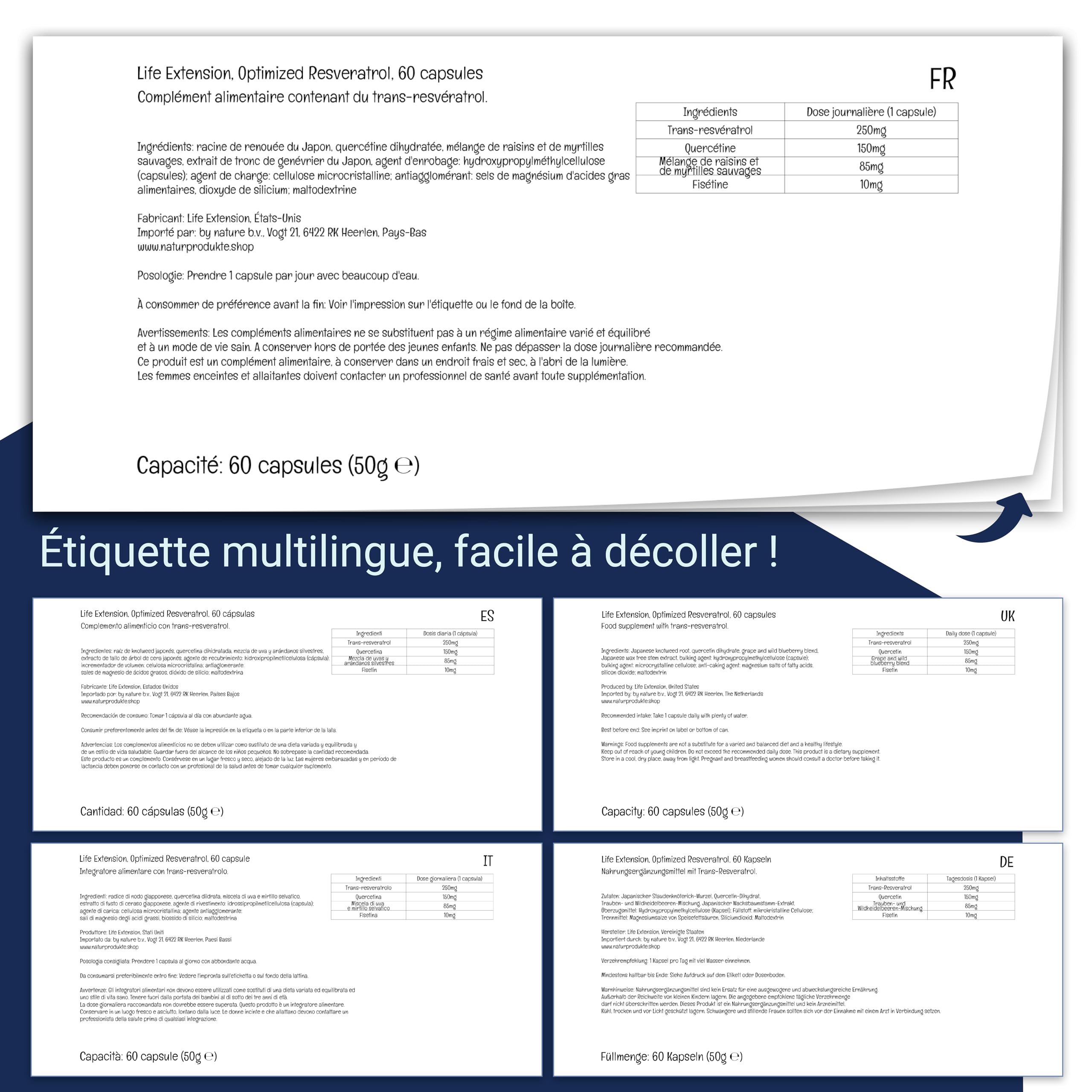 Life Extension, Optimized Resveratrol, avec Resvératrol et Quercétine, 60 Comprimés végétaliens, Testé en Laboratoire, Végétarien, Sans Gluten, Sans OGM