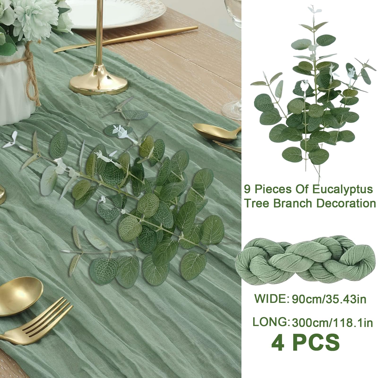 Tischläufer Eukalyptus Grün 4 Stück, mit 9 Eukalyptuszweig Deko Käsetuch Cheesecloth Musselin Salbeigrün Tischläufer Boho 90x300 cm Lang Hochzeit Geburtstag Tischdeko (Packung mit 2)