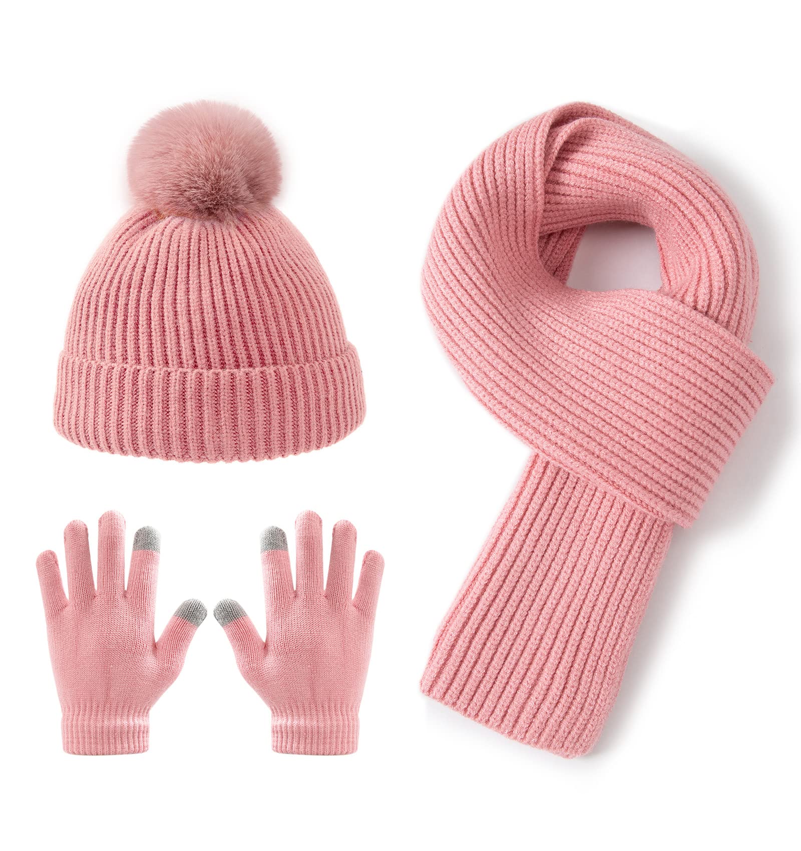 Lallier 3-teiliges Kinder-Set mit Mütze, Schal und Schneehandschuhen, Winter Strickmütze, warme, weiche Pom-Pom Mütze für Jungen, Mädchen und Kleinkinder