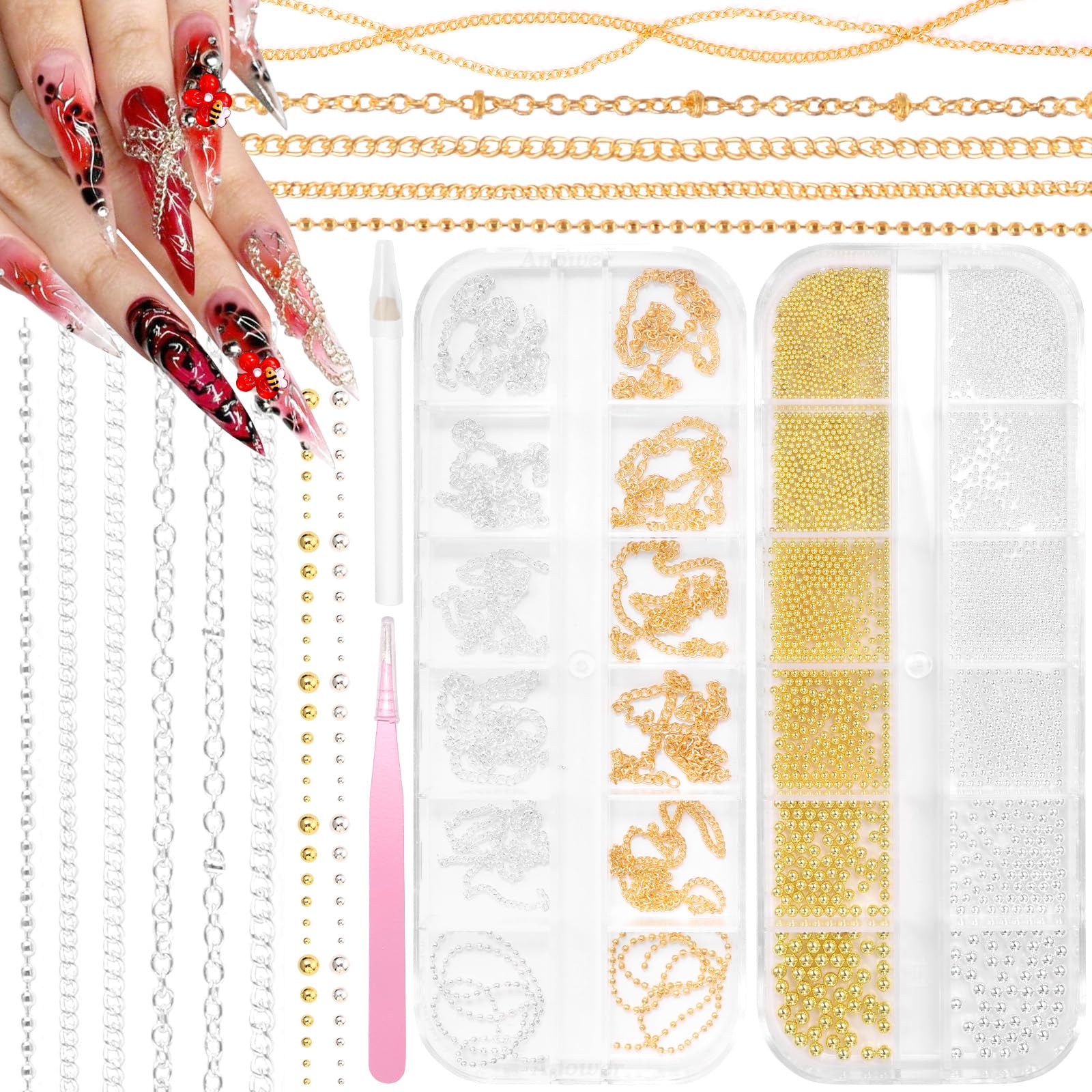 12 strisce di catene per nail art e perline in metallo per unghie (argento + oro) per nail art acrilica, catene dorate, piccole gemme rotonde per manicure fai da te accessori