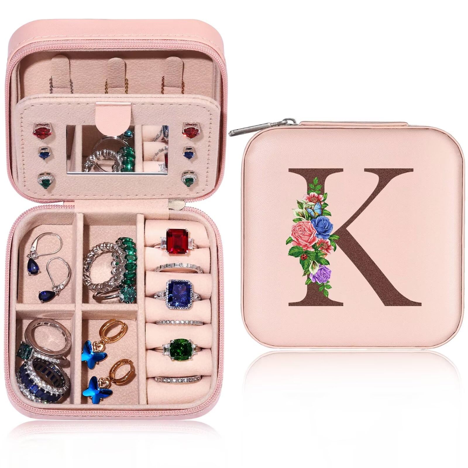TINGN Mini Travel Jewelry Case Jewelry Box Jewelry Organizer, Birthday Pink Gifts for Women Mom Grandma Friends Sister in Law Gifts, Anniversary Birthday Gift for Women Her Wife Girlfriend Letter K
