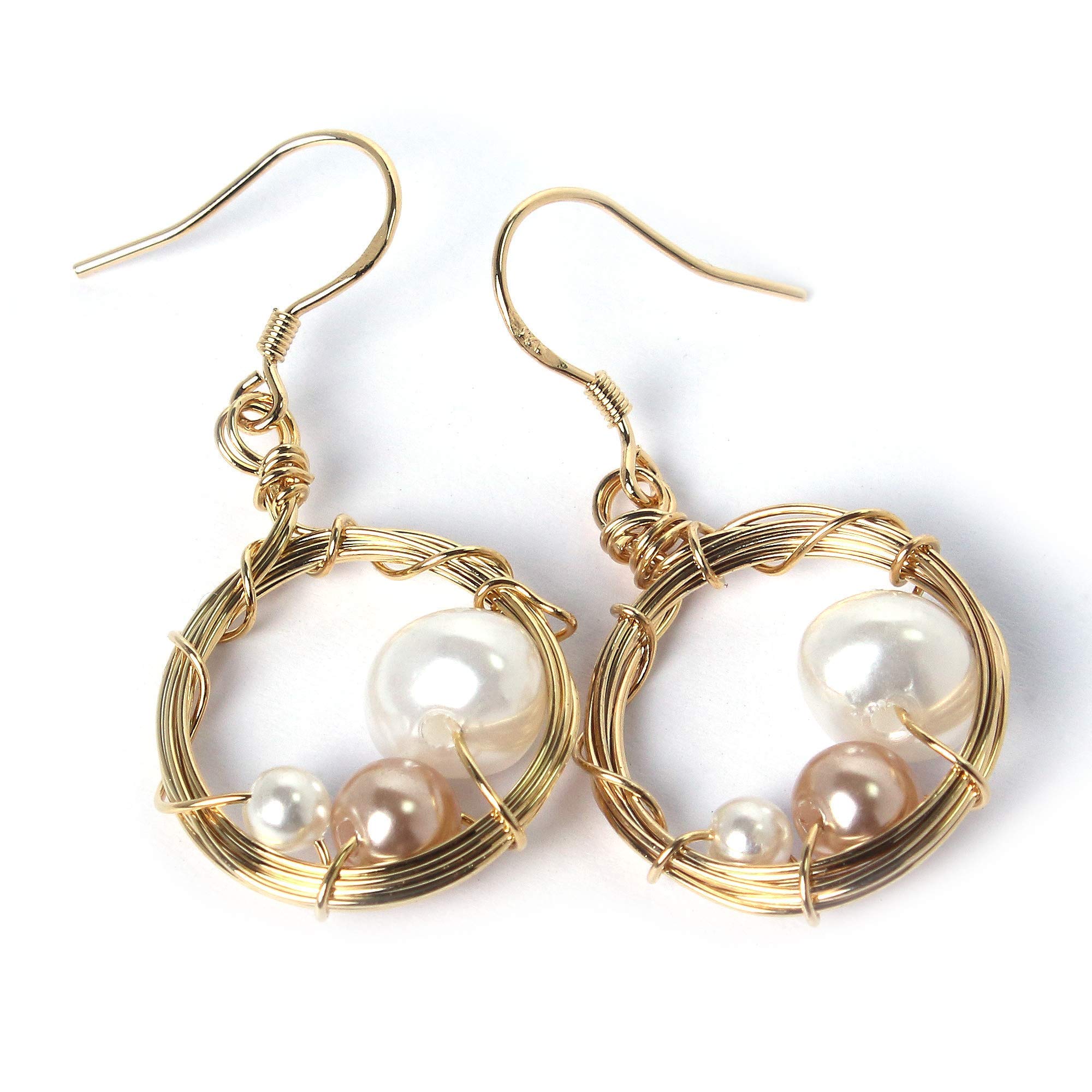 Handmade Pearl Earrings Gold Plated 925 Sterling Silver Hook Wire Wrapped Dangle Drop Earrings/a Bird´s Egg in Circle Nest