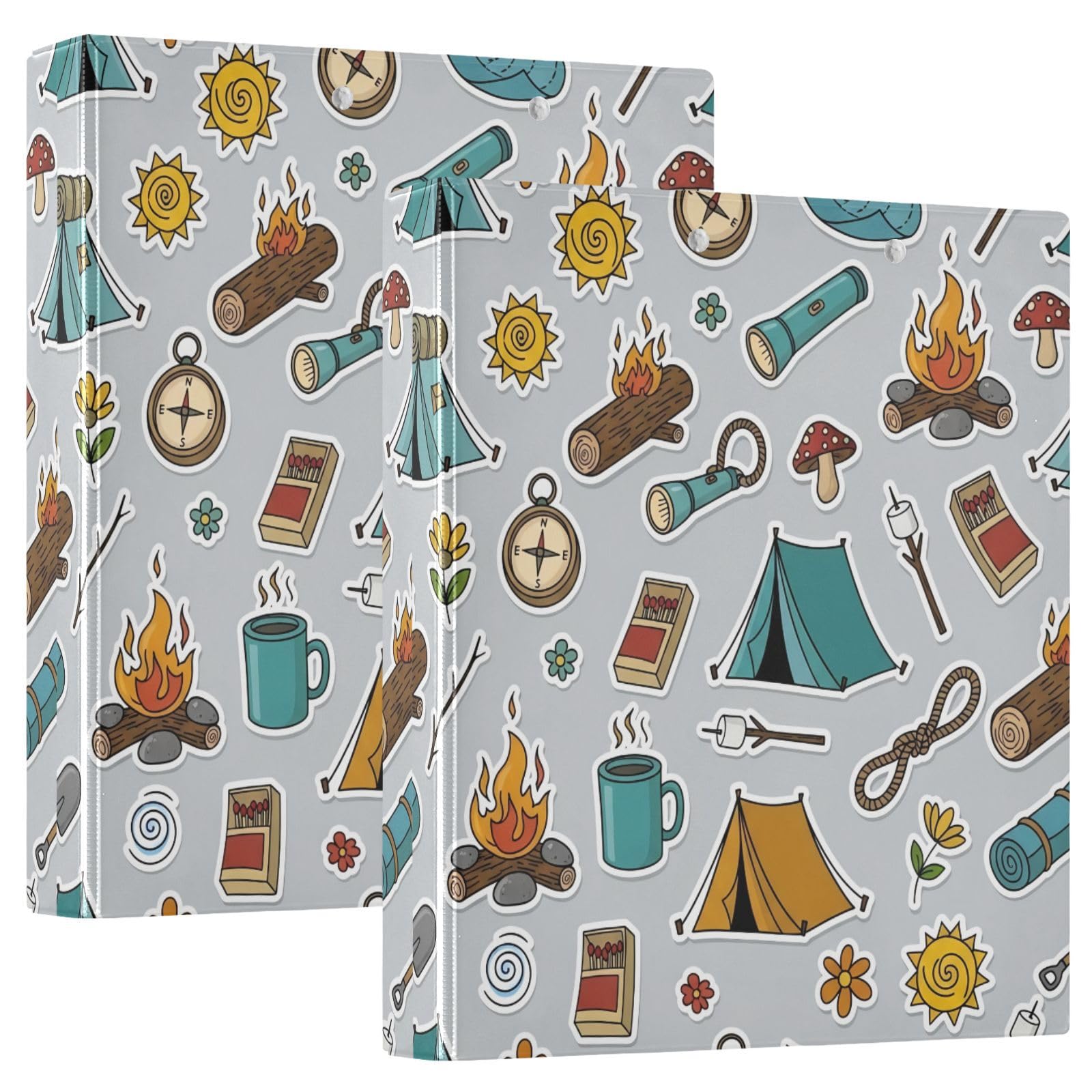 Raccoglitori a 3 anelli, 3,8 cm, design giocoso da campeggio, rotondi, con clip in metallo, organizer per casa e ufficio, confezione da 2