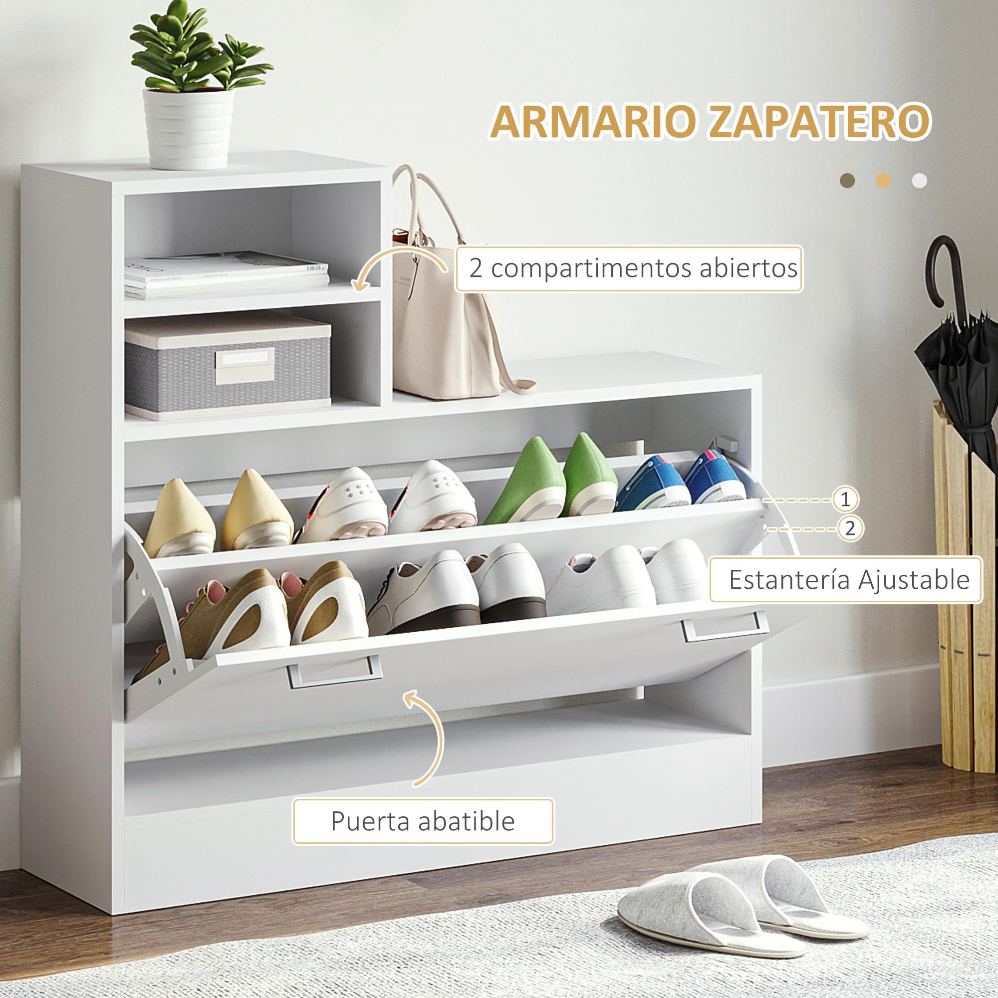 HOMCOM Conjunto de Recibidor de Entrada con Espejo Perchero y Zapatero Muebles de Entrada con 6 Ganchos y Estantes para 8 Pares de Zapatos para Pasillo Blanco Brillante
