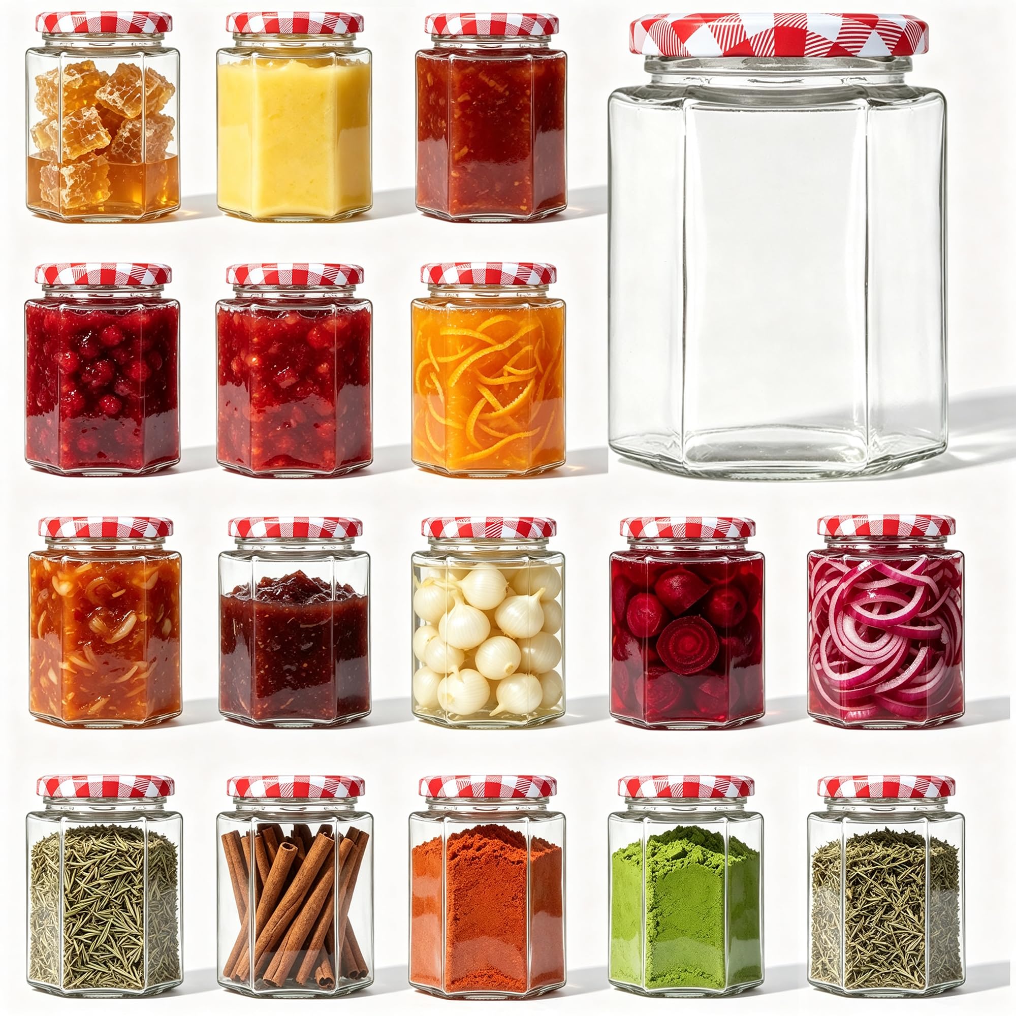 LIMILI Jam Jars with Lids, 280ml Hexagonal Wide Mouth Glass Jars with lid, for Pickling, Preserving, Chutney, Meal Prep, Sauce, Salad (24pcs - Red Lids)