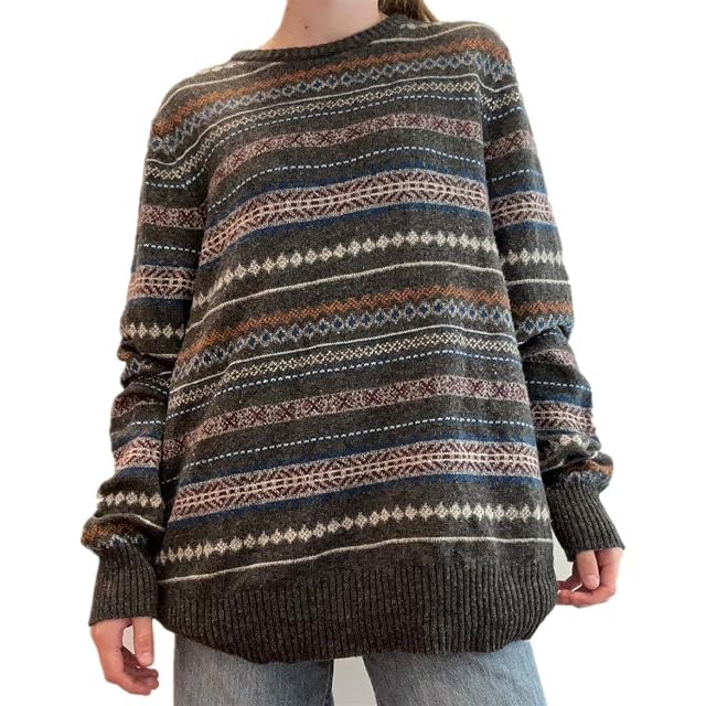 Women Y2K Argyle Striped Pullover Sweater Casual Long Sleeve Round Neck Vintage Preppy Style Pullover Knitwear