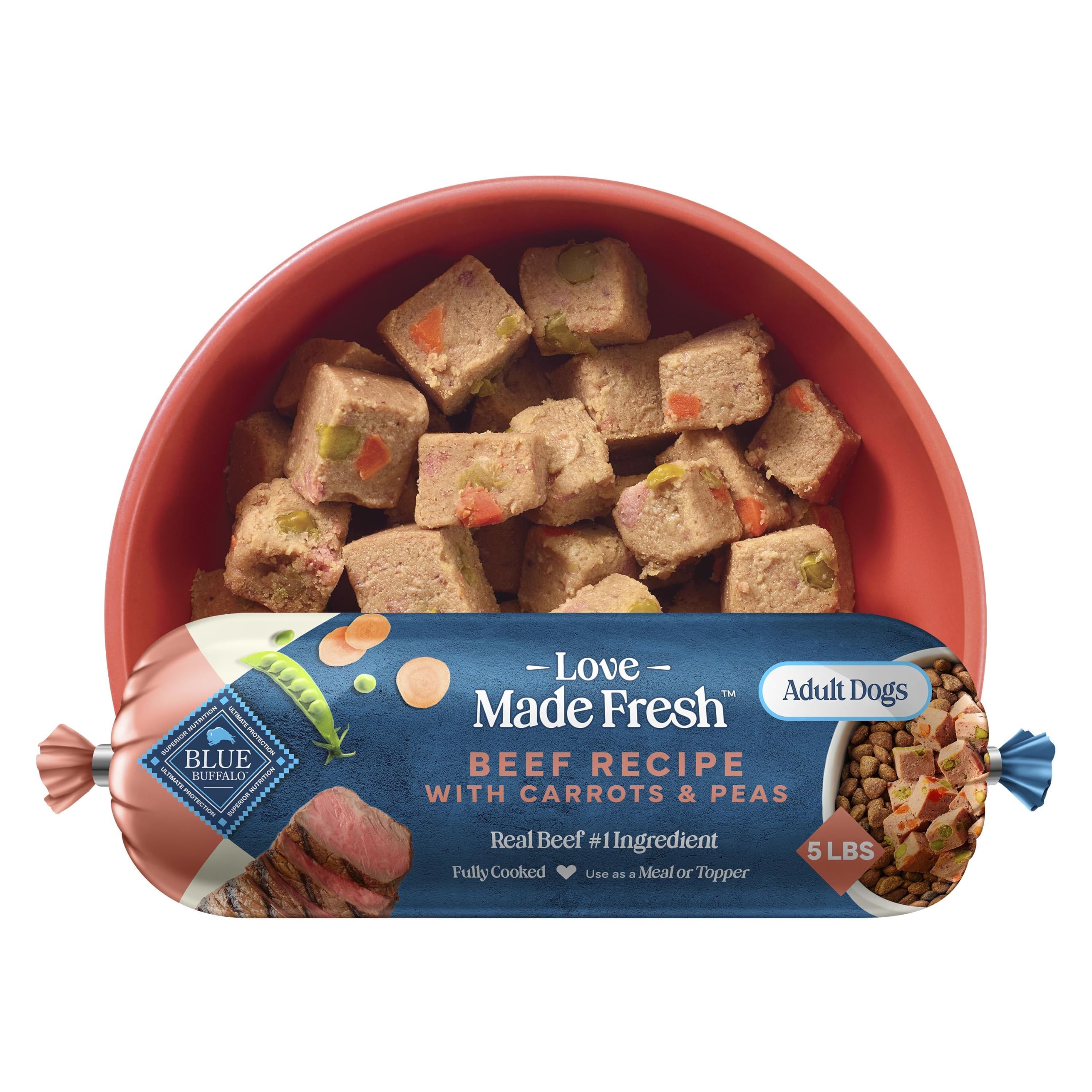 Blue Buffalo Love Made Fresh Natural Adult Dog Food, Refrigerated, Beef with Carrots and Peas, Fresh Dog Food, Ready-to-Serve, 5-lb Roll