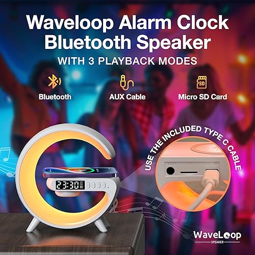 Miniatura 6 de Waveloop - Reloj despertador con altavoz para dormitorios con carga inalámbrica y altavoz Bluetooth G, lámpara de noche RGB con luz de despertador,