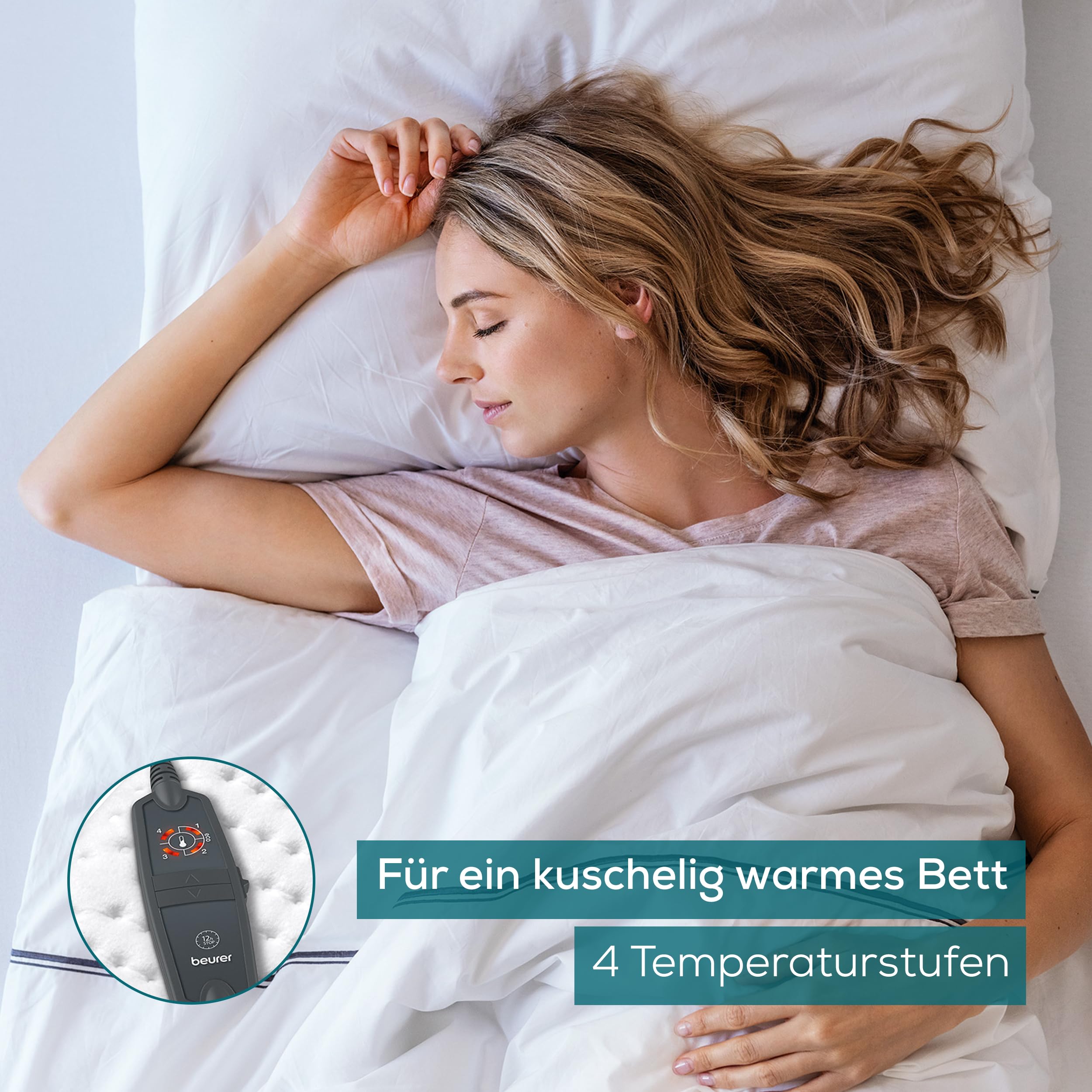 Beurer UB 60 Wärmeunterbett, Made in Europe, Ober- und Unterseite hergestellt aus 80 % recyceltem Material, kuschelig weich, 150 x 80 cm, Abschaltautomatik, 4 Temperaturstufen, waschbar