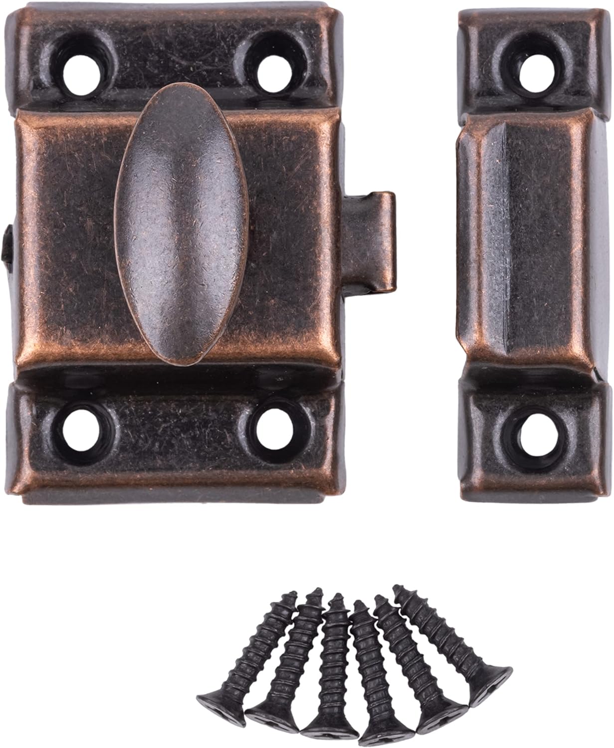 Small Stamped Antique Copper Cabinet Door Latch - 1 7/8" × 1 7/8" - Pack of 4 - Spring Loaded Cupboard Door Latch with Oval Turn - Vintage Cabinet Hardware | UA-141-LAC (4)