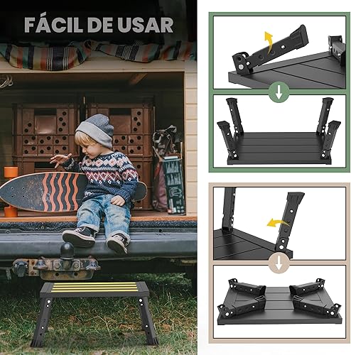 Miniatura 6 de Taburete de altura ajustable de aluminio para RV, plataforma plegable estable, soporta hasta 1,000 lb, pies de goma antideslizantes y tapete de Negro
