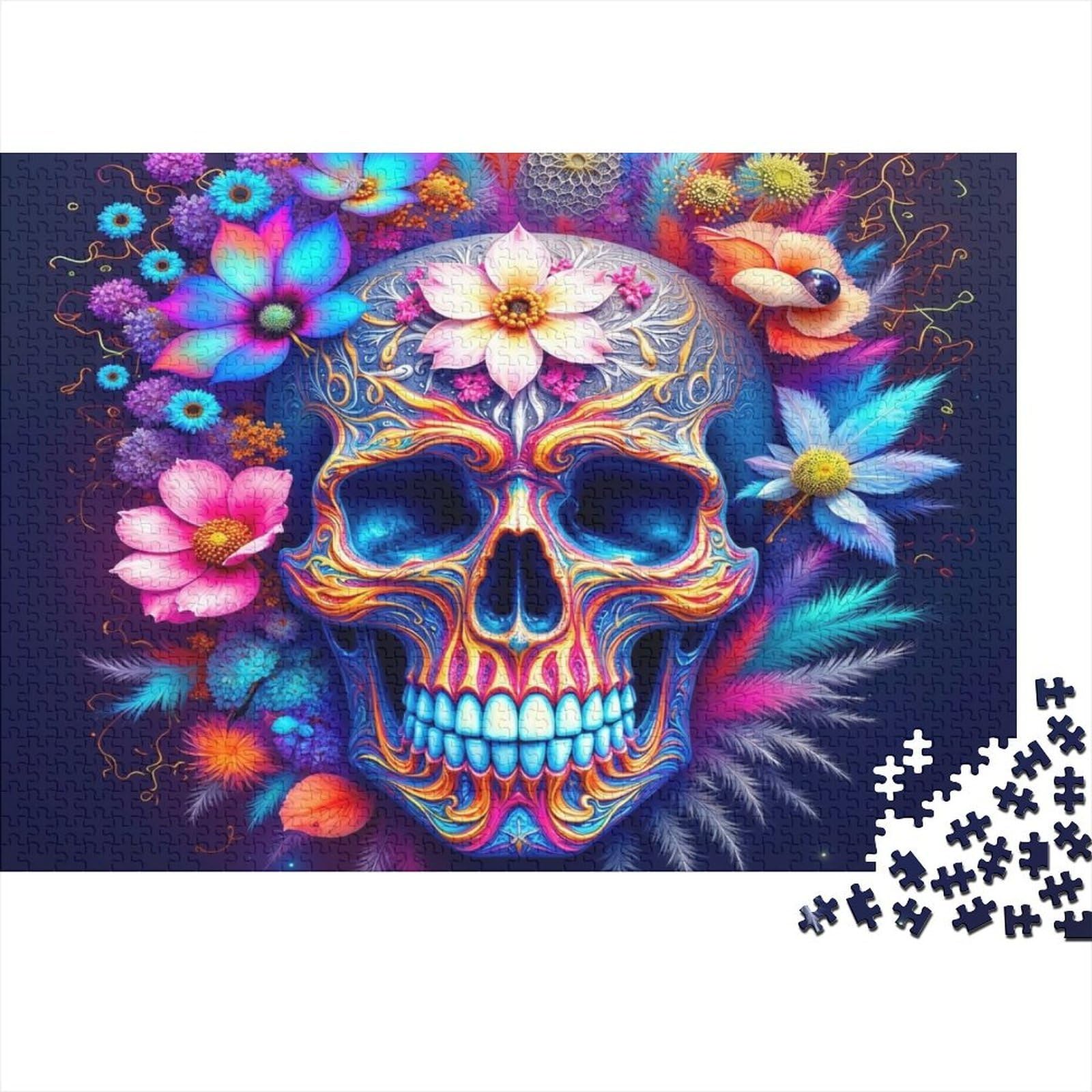 Vibrant skull flower art paper jigsaw 1000 pieces for adults wall decor educational puzzle skull pattern paper puzzle family relaxation 70x50cm/1000pcs