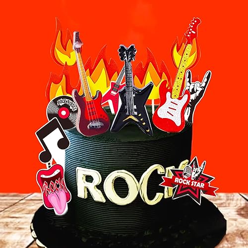 Miniatura 5 de LaVenty Decoración para tartas de cumpleaños, guitarra eléctrica, decoración de pastel de rock y roll, decoración para fiesta temática de Rockstar,