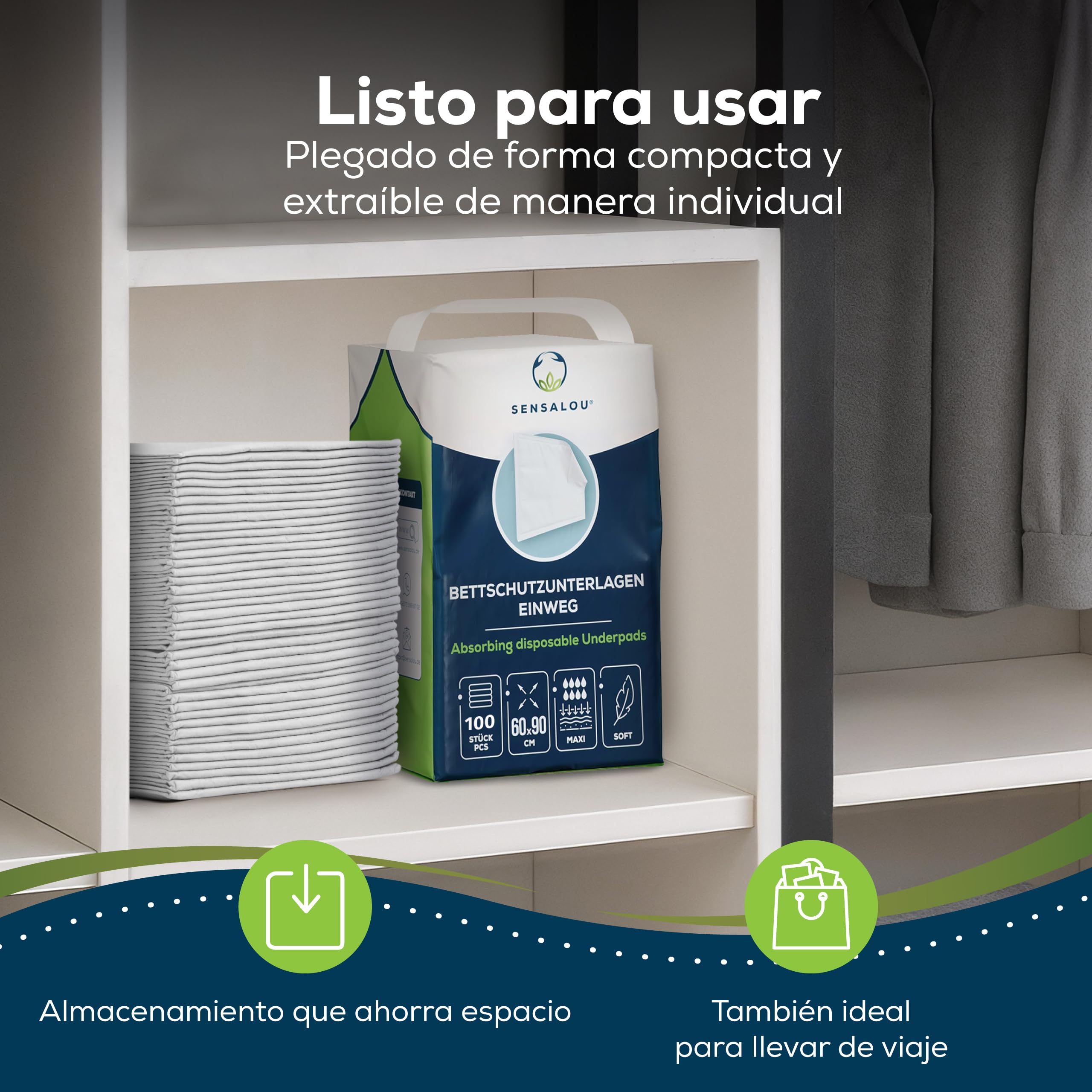 Sensalou Empapadores Desechables 60x90 cm – 100 Unidades – Protectores Impermeables y Absorbentes para Incontinencia, Bebés, Adultos Mayores, Animales, Hospital, Protección Sanitaria y Cambio Diario